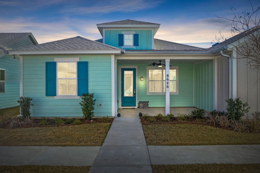 Welcome to Latitude Margaritaville, an exclusive 55+ community located on the Emerald Coast and along the intercostal waterway in beautiful Panama City Beach, Florida. This new construction beach cottage has water views from the covered front porch and spans 1321 sq. ft. of spacious living with two bedrooms and two bathrooms. As you enter this pristine home, you will instantly notice the vaulted ceilings in the living room. This Camilla conch cottage contains vast upgrades including wood-look flooring throughout and granite counter tops in the kitchen and bathrooms. The kitchen also features whirlpool stainless steel appliances, white shaker soft-close cabinets, and under cabinet lighting. The master bedroom contains a sizable walk-in closet, and the master bathroom features a pocket