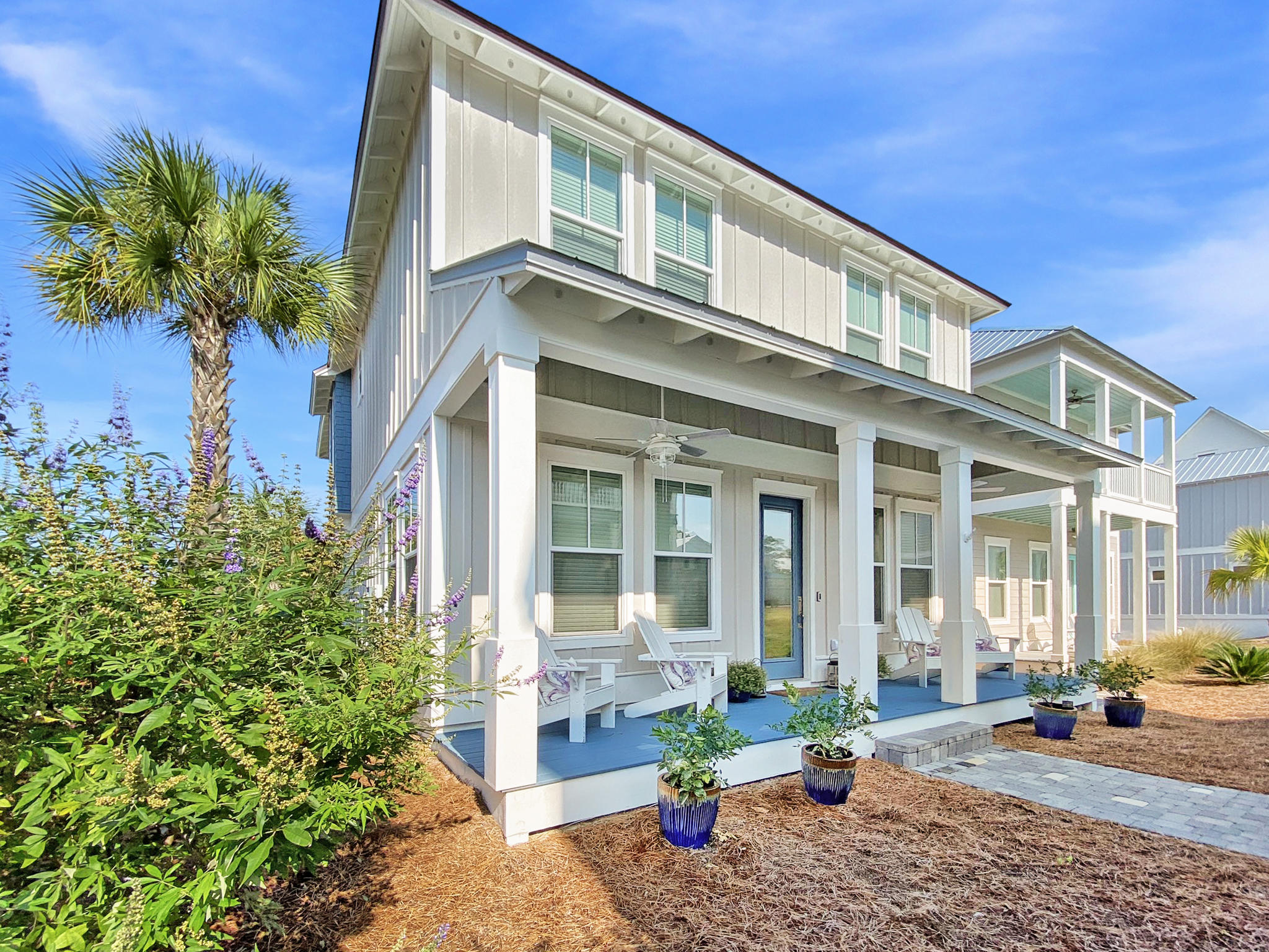 Better than new! Gorgeous, fully furnished home is ideally located and move-in ready! 4 bed, 3.5 bath home within walking distance to the beach. TWO master bedrooms--one upstairs and one down. Additional loft area with built-in wet bar is currently used as a home office, but could be your upstairs family room or bunk room to maximize rental income. Granite countertops, custom built-ins, wood floors, shiplap on the walls and TONS of closet space. 6 seater golf cart included! How 30A is that? Smart home technology includes solar-powered security cameras, Ring doorbells, plus smart light switches and thermostats that can be controlled from your phone or Amazon Alexa. Outdoor upgrades include RainBird sprinkler system, natural gas line on patio for grill or firepit,