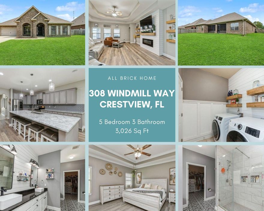 SELLERS WILL PROVIDE A $5k PAINTING ALLOWANCE WITH ACCEPTABLE OFFER...STUNNING 5 bedroom 3 full bath all brick home in central Crestview! This beautifully upgraded LARGE 3026 sq ft home will not disappoint! As you enter the home, you are greeted by long foyer. Off to the left of the foyer is a formal dining room with tray ceiling and crown molding. To the right, you will find a spacious private home office with wooden doors with glass window panes. As you walk through the foyer, you will find a beautiful living room complete with double tray ceiling, LVP flooring, ceiling fan, electric fireplace on shiplap wall with floating wood shelving and triple windows facing the back yard. The open concept living room connects to the upgraded kitchen complete with a massive granite island, tile back splash, granite counter tops, miles of cabinets, and elevated bar. The kitchen offers an eat-in dining area that can also flex as a coffee bar station. As you walk through the kitchen into the second hallway, you will find a large walk-in pantry on the left, a separate indoor laundry room with wainscoting, shiplap, and floating shelves, also on the left, and a door to the 2 car garage on the right. Did I mention 5 bedrooms? Yes!  Bedrooms one and two are located off of a private hallway just off the foyer. These two bedrooms are complete with ceiling fans, 2 door closets, and windows. They share a full bathroom located in the hallway. Bedrooms three and four are located across the home complete with ceiling fans, closets, and windows. These bedrooms are separated by a full bathroom with walk-in tiled shower. The master bedroom is located just past the living room, and offers a tray ceiling with crown molding, LVP flooring, double windows, and a door leading to the porch with blinds in the glass. The master suite has been upgraded with new granite counter tops, shiplap, decorative tile, tiled shower, separate tub and more. Don't miss out on the HUGE walk-in closet, perfect for the clothing lover. The large screened-in porch offers plenty of space for entertaining and has a cable TV port. The privacy fenced back yard offers plenty of room for your pets, family, or guests to enjoy. The home also offers blinds on all windows, gutters around the entire house, a two car garage with pulldown stairs and auto door opener. The drive has been extended and allows 6 cars to park with ease. This home is a rare find with MANY EXTRAS. Don't miss out on your opportunity to call this home your very own. Schedule your showing today!