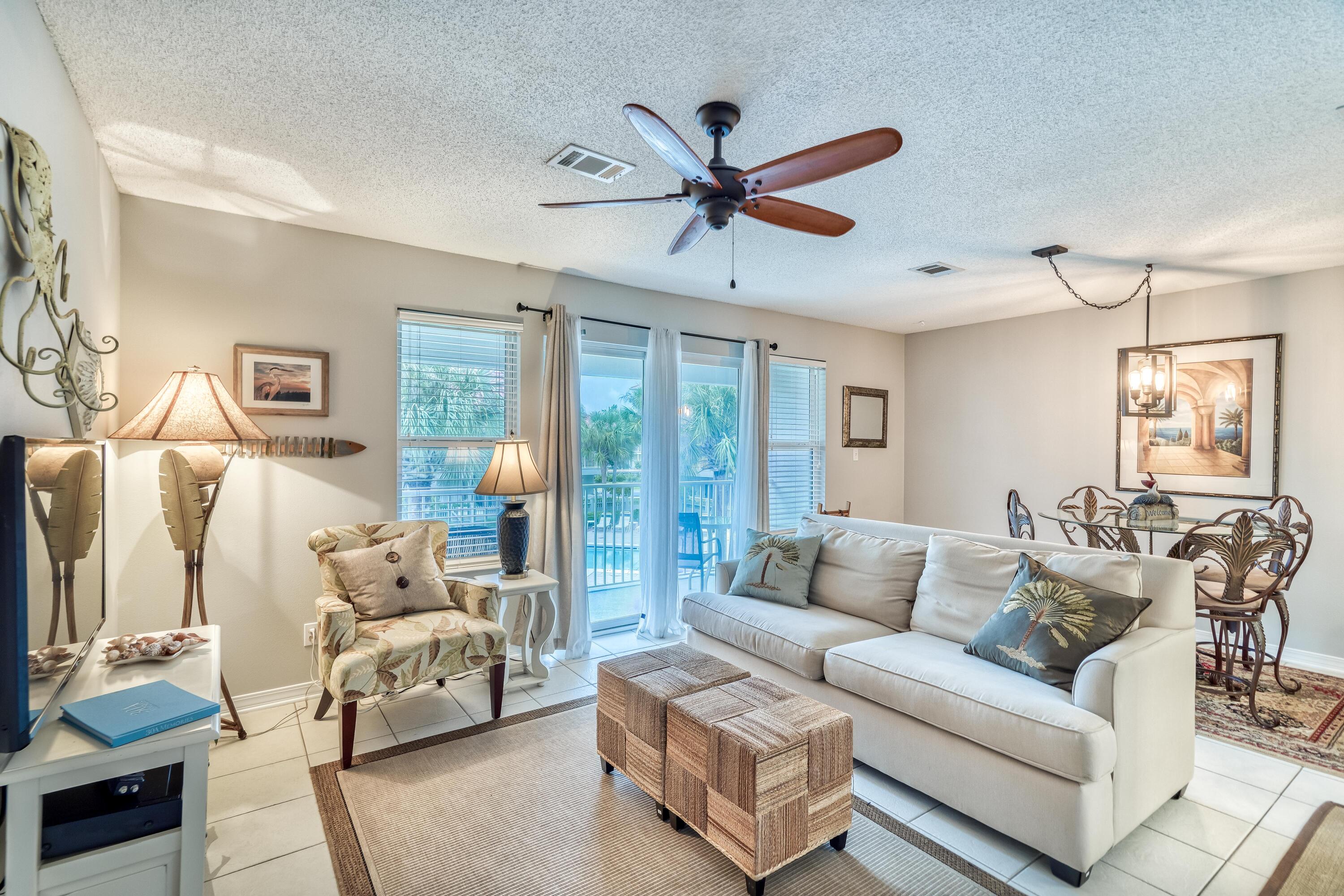 Rollin Tide Villas is nestled in the heart of Seagrove Beach, just a few minutes from Seaside/Watercolor and within walking distance to several shops and restaurants. Enjoy the heated swimming pool or take a short stroll the the sugar white sand beaches and emerald green water of the Gulf of Mexico. This charming one bedroom condo has new paint throughout. It is located on the 2nd (Top) floor which means no loud footsteps above you. It has a spacious balcony overlooking the pool. The public beach walkover is only about a 4.5 minute walk from the condo. The condo has a washer and dryer.