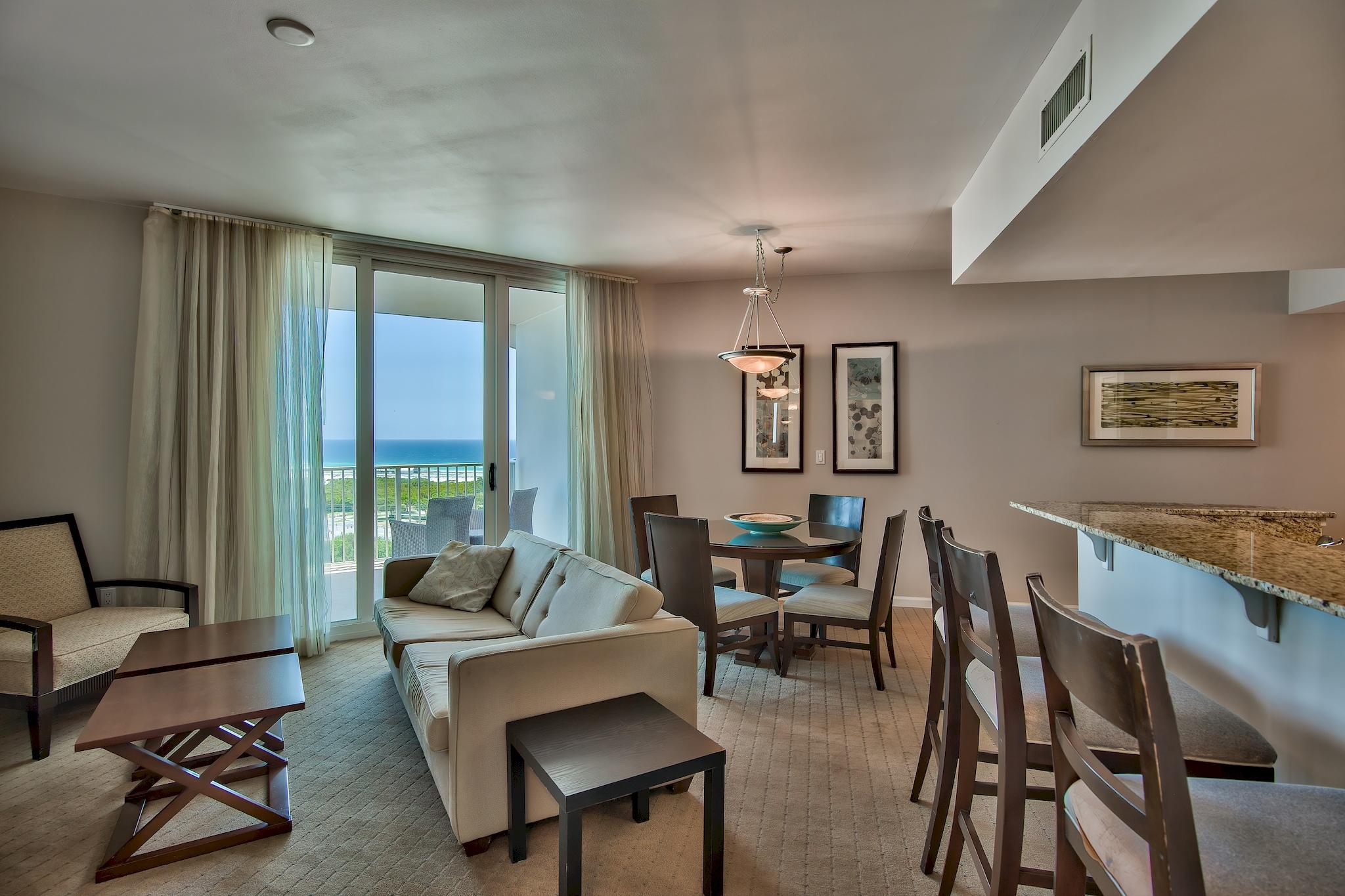 12th (Top) floor unit, freshly painted unit at The Palms of Destin with stunning Gulf and Bay views! ! Kitchen features granite countertops and maple cabinetry. Amenities at The Palms are first class. They include an expansive 11,000 SF lagoon pool with waterfall and spa, children's pool, playground and splash pool, lighted tennis and basketball courts, first class fitness center, seasonal shuttle service to the beach, and covered protected parking. Also on site is the conference center, office center, and reception desk. THE ASSOCIATION FEES INCLUDE ALL UTILITIES, INCLUDING ELECTRICITY, WATER, CABLE, INTERNET, AND LOCAL PHONE SERVICE. Buyer to please verify all information including square footage, room dimensions, and all else. Unit to be sold ''as is''.