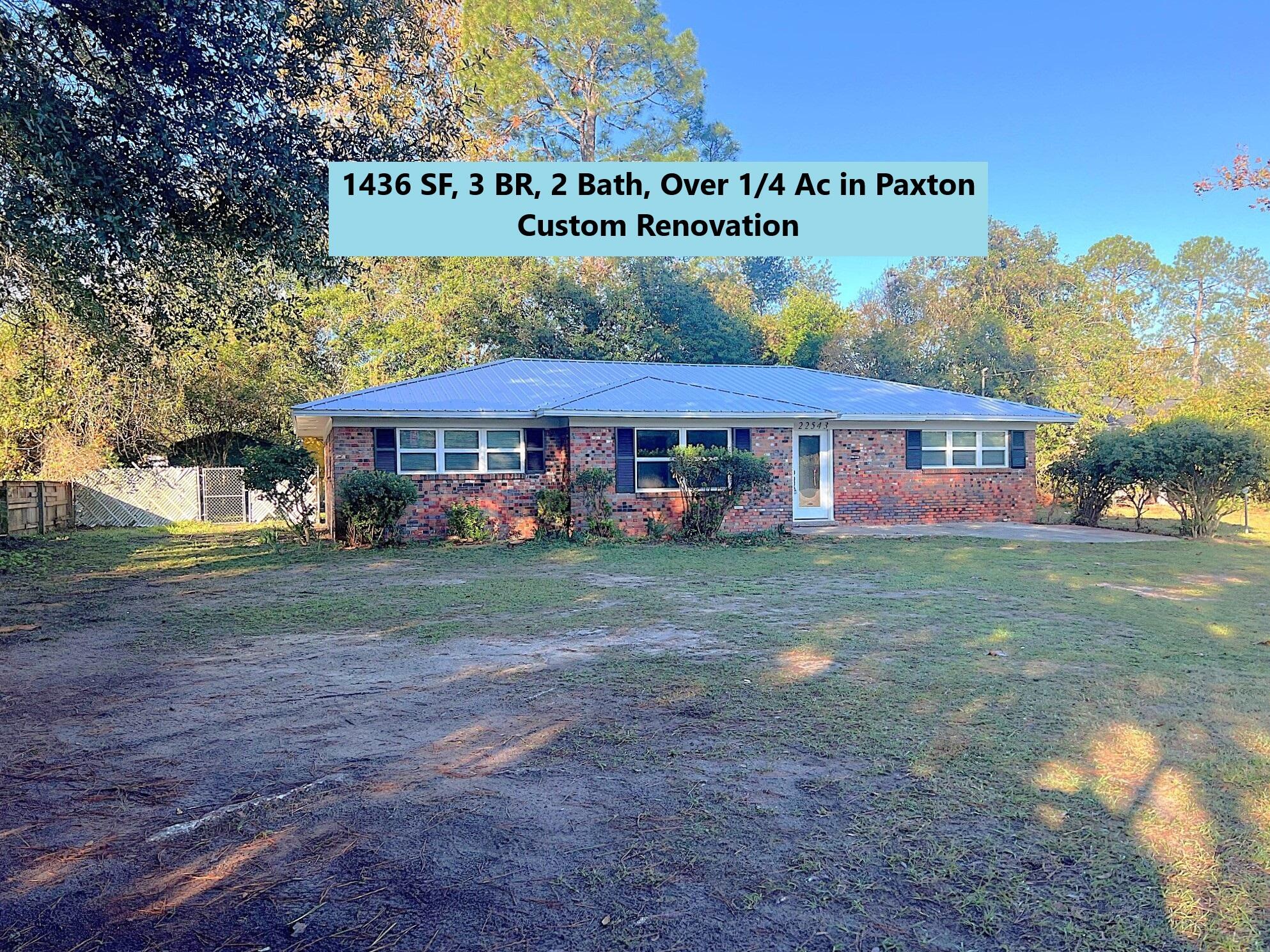 This brick ranch home in the heart of Paxton has been completely renovated (Roof, HVAC, plumbing, electric, floors, windows, water heater, stainless steel appliances, granite countertops...). The city of Paxton sits on the highest elevation in FL. Just minutes from Lake Jackson, a serene 500-ac lake on the border of FL & AL, offering camping, swimming, boating, fishing & hiking. The historic city of Florala, across the state line in AL, is just minutes away. Also, within apx. 1 hr to the beautiful beaches of South Walton! This all-brick home has 3 BRs, 2 baths, plus a large bonus room (perfect for family room, den, or even a potential 4th BR. Situated on a 0.28 ac lot, with a fenced backyard. City water & sewer.