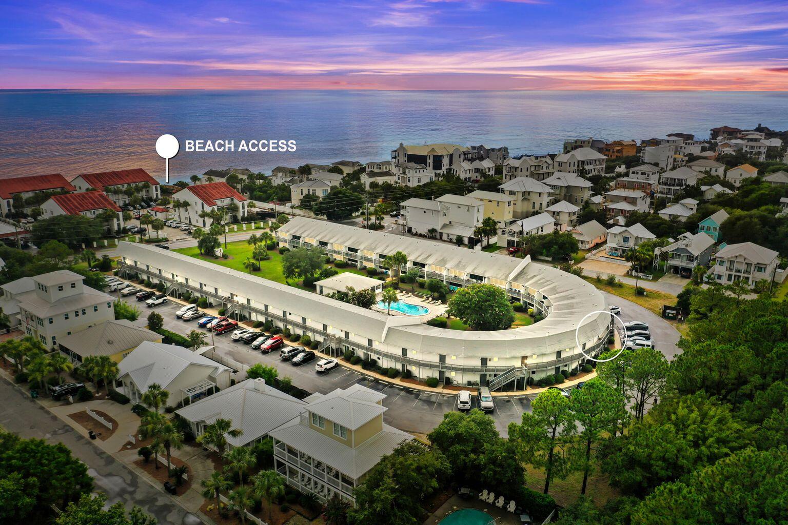 ''Studio Sea'' is located in Hidden Beach Villas, directly on 30A in Seagrove Beach. This updated studio has an eclectic beach vibe and has a proven track record of rental income from 2023 to date. Steps to the community pool and a three minute walk to the coveted beach access at Payleo Circle. Accessing the beach is a breeze from Hidden Beach Villas, you will find yourself on the sugary white sands of 30A.Truly a 30A treasure within a bike ride to all of the 'Seaside' boutiques, amphiitheater, and restaurants. The perfect gateway to a 30A investment with all furnishings and contents conveying. Studio Sea offers a queen Murphy bed and a queen pullout sofa, full kitchen, living and dining area, work space, small drop zone and extra floor space when the Murphy bed recesses. A large closet offers hanging rods and shelves for storage. Updates include: new paint throughout, new LVP flooring, upgraded kitchen tile wall with open shelving, two accent walls, the ensuite bath features a beautiful white palette, updated lighting, built in Murphy bed/bookcase. A knee wall with slats was built to provide privacy in the bedroom area and also makes space as a drop zone for all your beach gear.
Cruise on your bike to the communities of Seaside and WaterColor or in your golf cart Grayton Beach, Alys Beach, and Rosemary Beach. Take a day trip to explore nearby Miramar Beach, Destin, and Panama City Beach. The Northwest Florida Beaches International Airport is a short 30 minute drive.