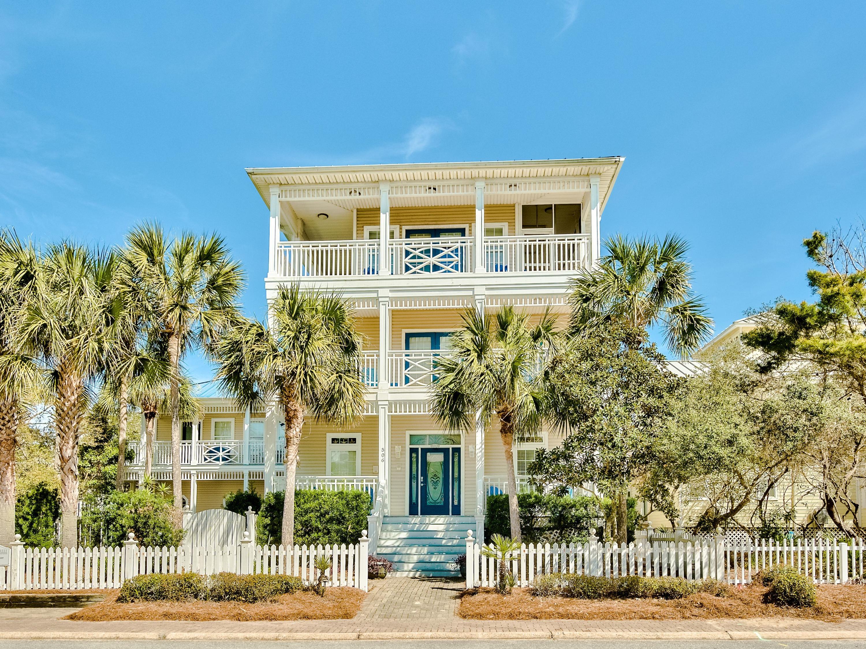 Grand Florida cottage in the gated community of Old Florida Beach with a private heated pool on an over-sized lot. Incredible views, just steps to the beach walkover and a short stroll to Draper Lake. Over the 2 car garage you'll find a 1 bedroom plus bunk room guest quarters with a full kitchen, W/D and private balcony. Great rental potential. Old Florida Beach is a gated community with heated community pool, 3 private beach access and a dock on Draper Lake.