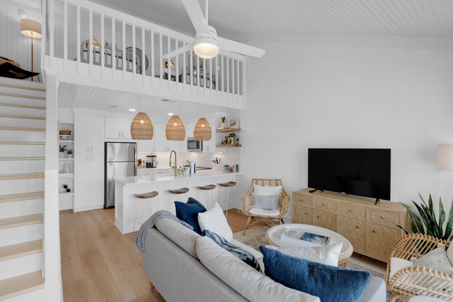 Fully renovated one-bedroom plus a loft, one-bath condo with proven rental history ($80k+) in Palms North on 30A. Features include vaulted ceilings, an open layout, and a screened-in porch. Enjoy deeded beach access directly across the street. The primary suite offers a king bed, en-suite bath, and large closet. The guest bedroom currently has two twin beds with access to a full hall bath. Great community amenities such as a large pool, shuffleboard court, and grilling area. Ideal as a second home or investment property.