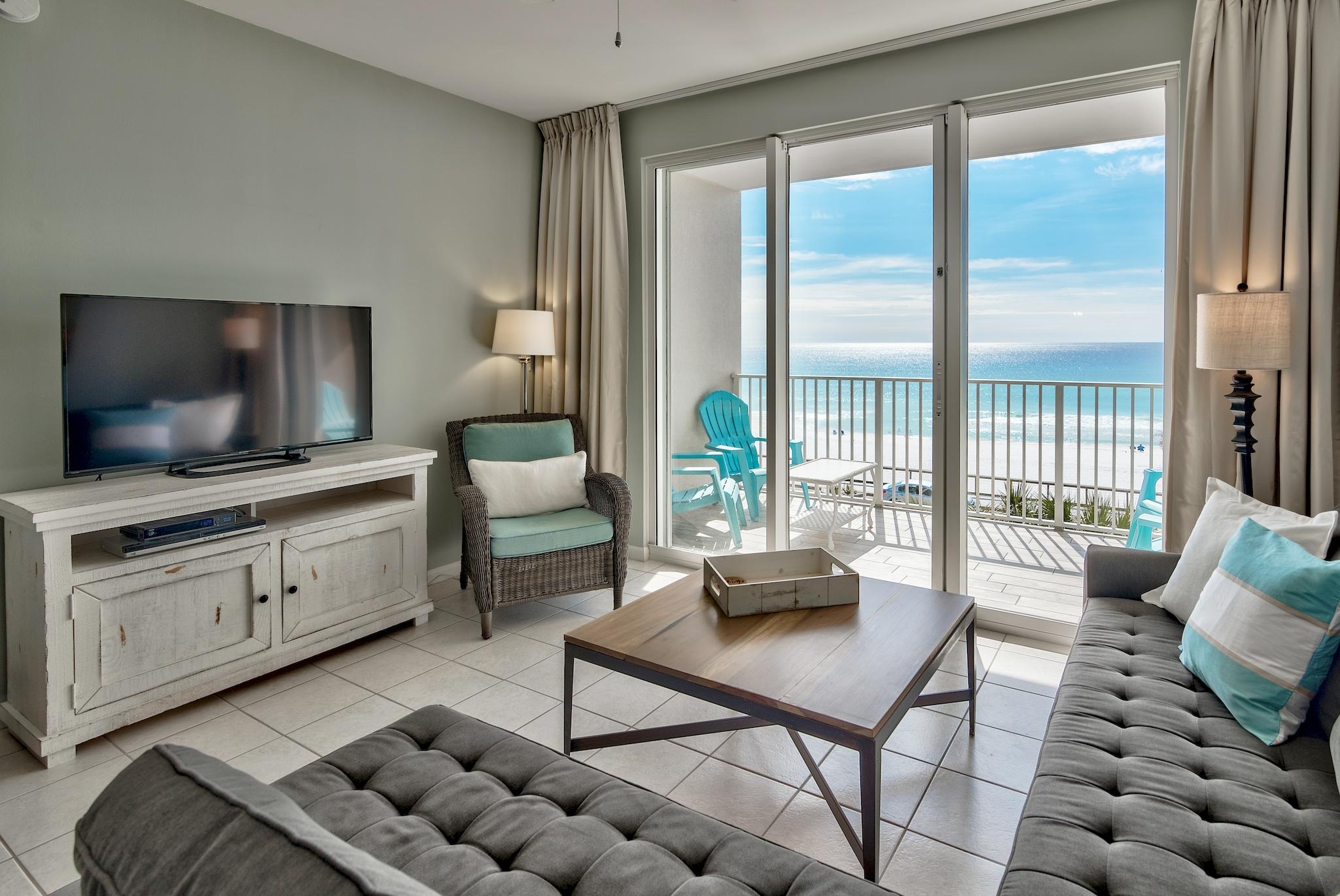 Beautifully remodeled with breathtaking Gulf views- welcome to paradise in the heart of Miramar Beach. Located within the gated community of Seascape Resort, this 2Bed/2Bath condo at Majestic Sun is steps from the white sandy beaches of the Gulf of Mexico and would be a fantastic investment opportunity with gross annual rental income projected between $40,000-$45,000! This third floor unit has been entirely remodeled and is conveniently located near the pedestrian walkover from the parking garage. Updates include new chic coastal decor, HVAC replaced in 2014, new water heater, Wifi thermostat, seaglass quartz countertops in the kitchen and both bathrooms, new sinks faucets and mirrors,