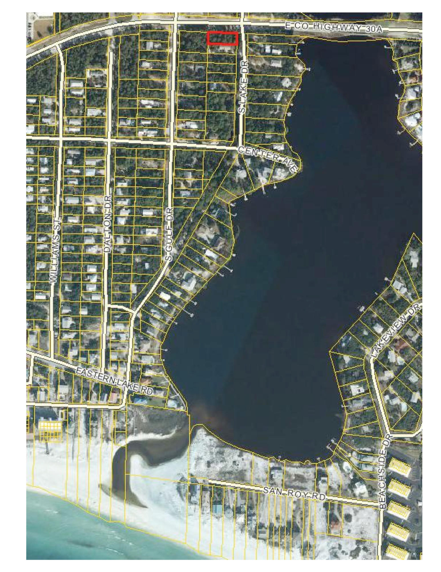 This prime lot is on the corner of S. Lake Dr. and desirable 30-A. It is located next to Eastern Lake and near good restaurants and shopping. Beach access is nearby. Have the option of designing your own beach house and there is no homeowner association. Buyer to verify all lot dimensions and utilities.