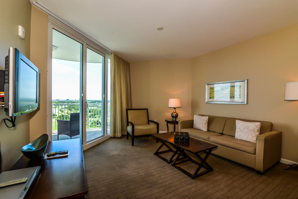This Palms of Destin 12th floor west building outside facing unit is in very good condition. Unit 21204 offers very nice views looking west into Destin and over the Morgan Sport's Complex. You also get great views of the water and the sunset year around. This is the Jr. 2 bedroom that has the ''Captain's bed'' in the 2nd room and also has a trundle to sleep 2 guests. Space abounds in this 970 square foot unit offer one of the largest living areas at the Palms. You will find granite counter tops in the kitchen and the master bath. The beautiful master bedroom also has a sliding door to the terrace to enjoy the views of the gulf and the Destin lights. The master bath has a large garden tub with shower and the guest bath is equipped with a tiled walk-in shower.