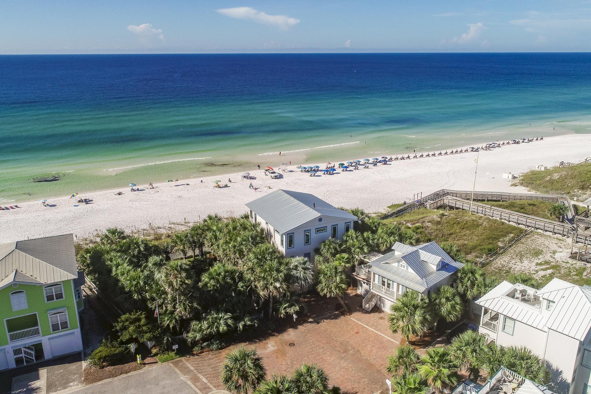 Private Beach. Views to Destin from Hwy 30A. Newly Renovated. All NEW Furnishings in this 4 bedroom - 5 -1/2 bath Beach House. Master Suite w new spa Bathroom. Gourmet Kitchen, Impact Windows. DEP Approved Seawall. Hot tub w Views. Guest House w new renovated bathroom. 3 garages (2 w/ac). Large Deck overlooking Gulf. Totally Private. Gated neighborhood. By appointment only.