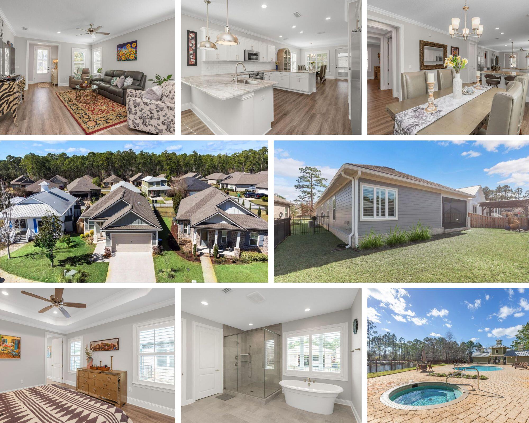 MOTIVATED SELLER'S MOVING OUT OF STATE!!! HIGH QUALITY HOME AT AN AMAZING PRICE = INSTANT EQUITY FOR THE NEW OWNERS!!! Welcome to the beautiful community of Marina Village! This standout community is just miles away from the most gorgeous beaches on the Emerald Coast and 30A restaurants and shopping! Within the community of Marina Village, you will enjoy gated access to the community pool and jacuzzi hot tub, large playground, dog park, and community docks. There is a Marina within 1.5 miles complete with boat ramp, boat storage, and dock rentals for the boater enthusiast to enjoy. This STUNNING 3 bedroom 2 bathroom home offers an open concept and split floorplan that Buyer's have come to expect. The home is situated on a 0.15 acre lot and boasts a 2 car front entry garage. The interior of the home offers upscale finishes, to include LVP flooring in the main living areas, built-in plantation shutters, and crown molding. As you enter the home, you are greeted by a tasteful foyer with plenty of room for an entry table. The foyer guides you to the spacious living room, lots on windows with plantation shutters, ceiling fan, crown molding and LVP flooring. Just oof of the living room, you will find the homes amazing kitchen with beautiful veiny granite with double counter height breakfast bar, wood cabinetry, stainless steel appliances (refrigerator, glass top stove, microwave and dishwasher), walk-in pantry with wood shelving and crown molding. The dining area is just off the kitchen and will accommodates a large table to entertain your guests and is wrapped by two walls with large windows with plantation shutters. The master suite is located on the back end of the home and offers THREE closets with wood shelving! The master bedroom has a tray ceiling with crown molding, two windows with plantation shutters, a walk-in closet and an additional closet. The STUNNING master bathroom offers a spa-like feel with a beautiful granite double vanity, tiled shower with glass walls and door, stand alone soaker tub, linen closet, and massive walk-in closet. At the the front of the home you will find two additional bedrooms with large closets, ceiling fans and windows with plantation shutters. Just off the hallway, you will find the second full bathroom with high quality finishes throughout for guests to enjoy. The home offers a large in-door laundry room with granite wash sink and front load washer and dryer that will convey with the home. On the exterior of the home, you will find a covered front porch and large screened in back porch for entertaining. The backyard is fenced, perfect for children or pets. The home also offers a whole home rain gutter system that was recently installed. The two car garage is perfect for parking and has a pull down stairs with storage over head and auto opener of easy access. Take advantage of the upgrades on this quality home: Screened in porch $3,500, whole house gutters $3,800, plantation shutters $8,300, and privacy and metal fencing $8,300. This home is truly a hidden gem in the beautiful community of Marina Village, offering quality, luxury, and value. Don't miss out on your opportunity to call this stunning home your very own. Schedule your showing today!