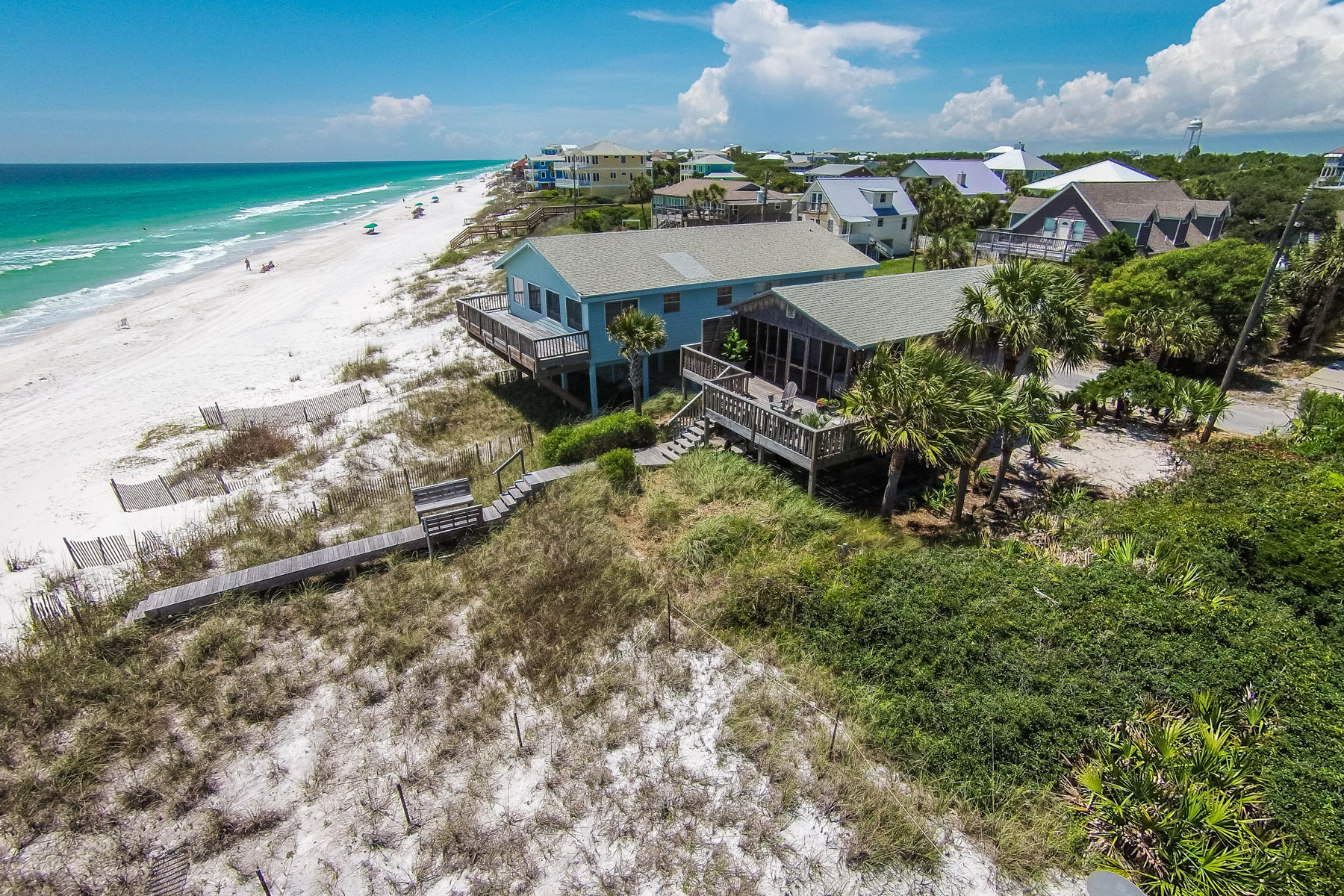 Decades of salt air carried ashore by the sea breeze has silvered the cedar siding of this classic beach cottage, set directly on the Gulf of Mexico, just east of Rosemary Beach. Located in between the only other two residential waterfront properties on West Park Place Avenue, book ended by nearly 1,500 feet of county beach front just to the east, and an additional 500 feet to the west, it recalls simpler times that can be enjoyed today. Built on milled pilings, leaving room for parking, storage, and a shaded swing beneath the home, the lay of this lot is perhaps perfect. The latest survey shows the structure in an X flood zone that does not demand flood insurance, with elevations rising upwards to 19 feet. As quaint as the home is in size, its screened porch and deck make it an...