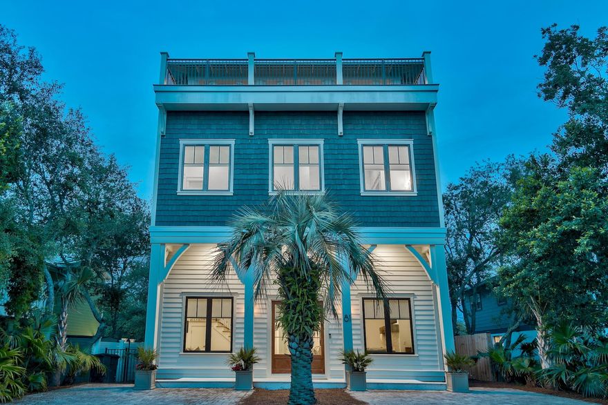 Significant architectural elements and thoughtfully designed outdoor spaces characterize this newly built extraordinary beachside retreat. Panoramic views of the Gulf of Mexico and neighboring Seaside can be enjoyed from the oversized balcony on the 3rd floor. Ample natural light floods the main level which boasts 14' coffered ceilings. While the open floor plan caters to entertaining, bedrooms are found on each floor so privacy can be had by all. With Wolfe and SubZero appliances including a double oven, granite countertops, and beautiful custom cabinetry, the kitchen is a must see. The private pool and 8 person seated spa complete the home's outdoor entertainment experience.