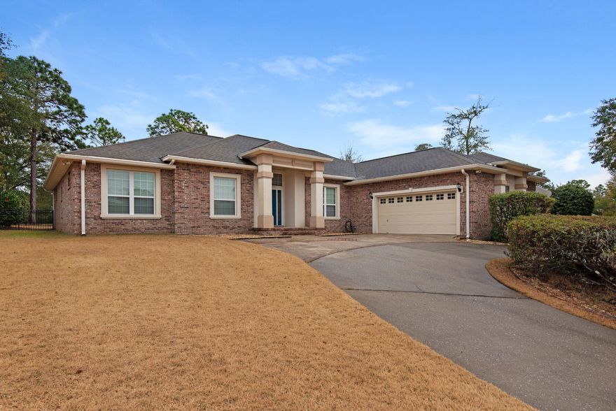 STUNNING best describes this all brick beauty nestled on the 17th fairway of Rocky Bayou Country Club. Step inside and be greeted by raised ceilings, gorgeous archways, recessed lighting and a nice open floor plan. Large great room with beautiful coffered ceiling and a gas corner fireplace. Kitchen features a breakfast bar, large island with pull out shelving, gorgeous maple cabinets along with an eat in area overlooking the golf course and wonderful covered patio. Large formal dining room with tray ceiling just off the kitchen. Large master bedroom with ensuite and french doors leading out to the back yard. Master bath hosts a double vanity, garden tub, private water closet, linen closet and gorgeous walk in shower. HUGE master closet where the storage possibilities are endless. This home