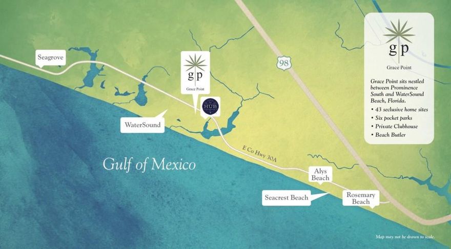 Uniquely located south of Scenic Highway 30A, Grace Point sits nestled between Prominence South and WaterSound Beach, Florida. Grace Point boasts 43 lots in a unique, natural environment surrounded by live oaks and pine forests. Grace Point's central location sits amongst South Walton's high-end boutiques and award winning restaurants.