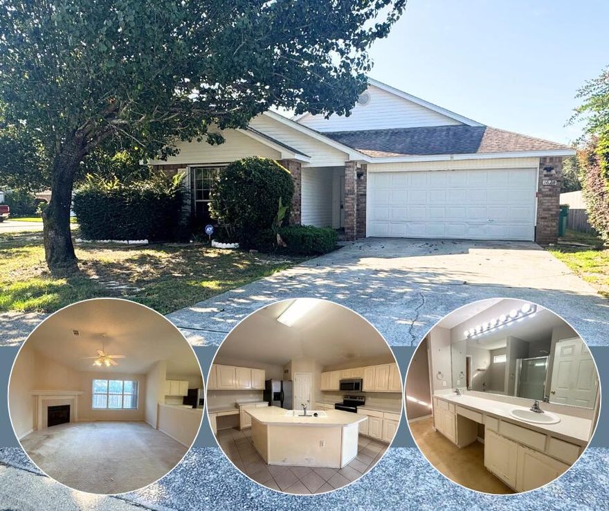 This spacious split-plan 4-bedroom home offers a comfortable and functional layout with plenty of room to gather and entertain. The open design connects the family room, dining area, and kitchen, while a half wall with decorative columns adds charm and definition between the spaces.The family room features a cozy fireplace, and the kitchen includes a breakfast bar, corner walk-in pantry, and a built-in desk/computer station for added convenience.The generously sized master suite features sliding doors that open to the covered back porch, and the ensuite bath includes a garden tub, separate shower, dual vanity, and walk-in closet. The split floor plan provides privacy, with three additional bedrooms and a guest bath located down a separate hallway. The guest bath offers a double vanity and full-size shower.
Flooring throughout includes carpet in the main living areas, tile in the kitchen and entryway, and rolled linoleum in the bathrooms.
A spacious laundry room adds functionality with cabinetry for storage and a countertop for folding clothes. The two-car garage provides ample parking and additional storage space.
Outside on this spacious corner lot, you'll find a covered back porch, a nicely landscaped yard, and hurricane shutters on all windows for added peace of mind.
Sold as-is, this home is ready for renovation and updating, presenting a great opportunity to customize it to your taste and make it your own.