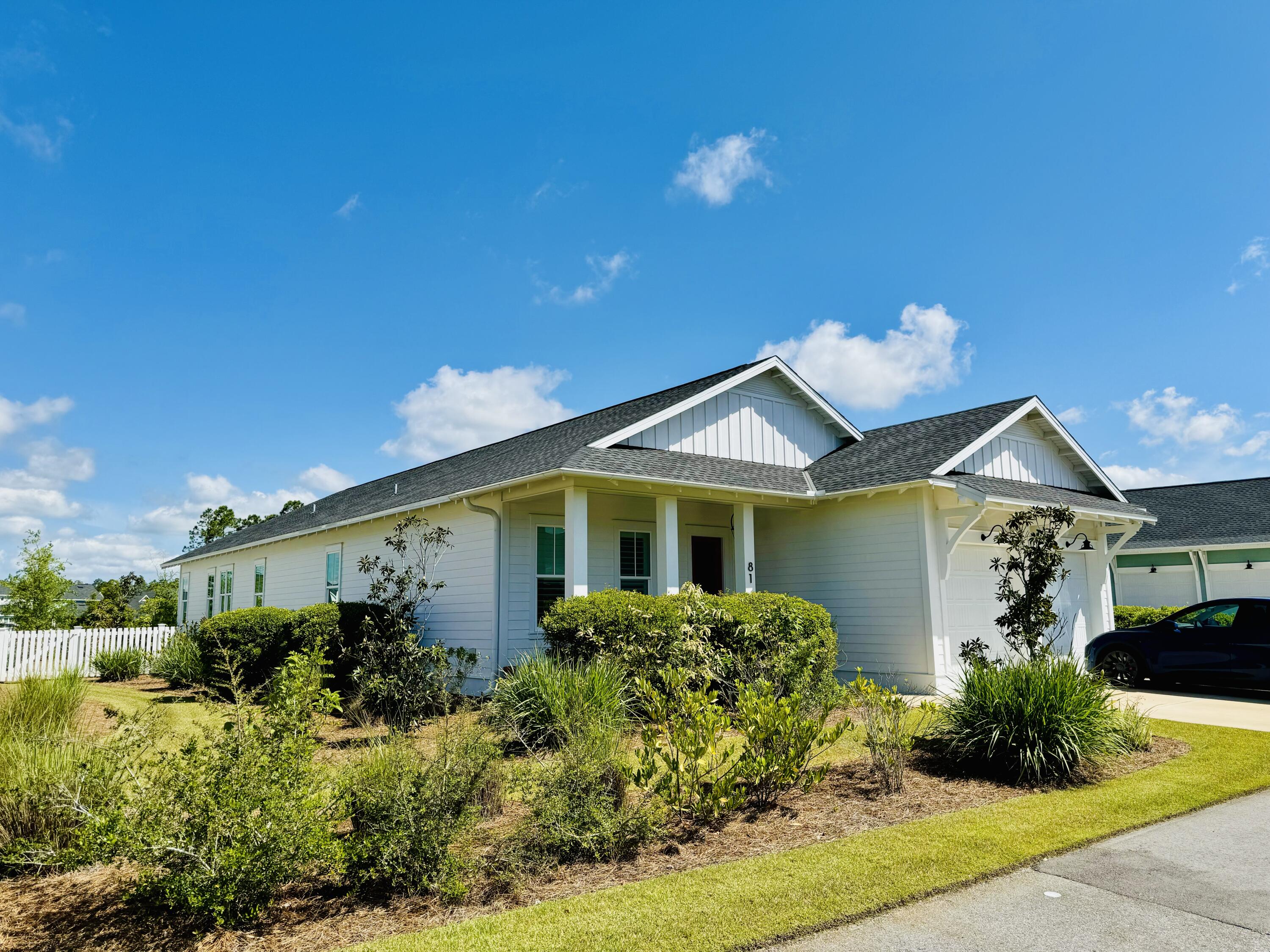 Newer-built, one-level home in Watersound Origins, 4 bed/3 full baths + extensive upgrades. 2,226 sq ft, 10-foot Ceilings & 8-foot Doors + gas lantern front porch, Tesla Charger in garage, a screened-in back porch that opens to an IPE wood entertainment deck w firepit. 4 1/2'' Plantation Shutters, WOLF Range, Bosch Refrigerator & Dishwasher, Sharp Drawer Microwave, Vent Hood, Quartz Countertops, 7 Surround Sound In-Ceiling Speakers in Living Room for Immersive Sound + 2 In-Ceiling Speakers in Porch, Undersink-installed Kohler Water Filtration System, Dry-Bar w Lighted Cabinets, Solid Core Doors, Crown Molding Throughout & Wood Floors. Outdoor upgrades include a large, fenced-in, manicured, private back yard with a IPE-wood entertainment deck & concrete gas firepit and installed gutters.