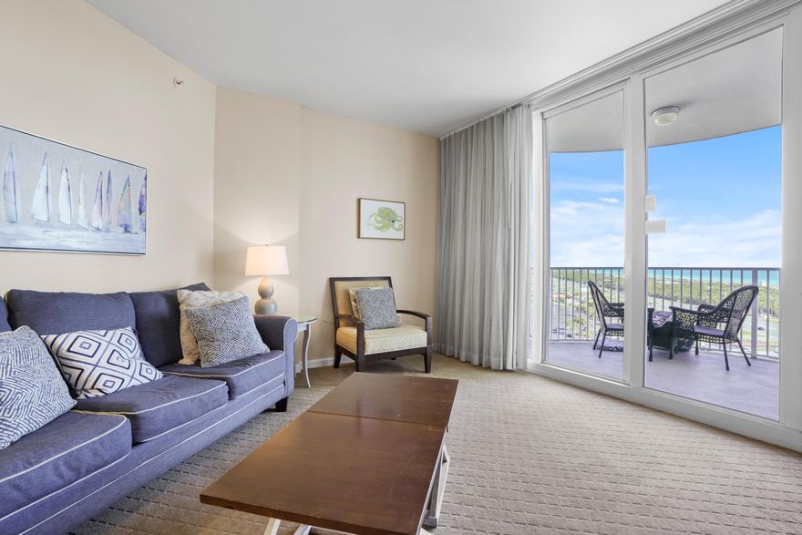 This 12th-floor end unit at The Palms of Destin offers stunning Gulf and Bay views! Updated with built-in bunks and a barn door, the unit comes fully furnished and turn-key ready. Amenities include a large lagoon pool, children's pool, tennis and basketball courts, fitness center, seasonal beach shuttle, and covered parking. On-site are also a conference center and reception desk. Association fees cover all utilities (electricity, water, cable, internet, trash). Buyer to verify all information.