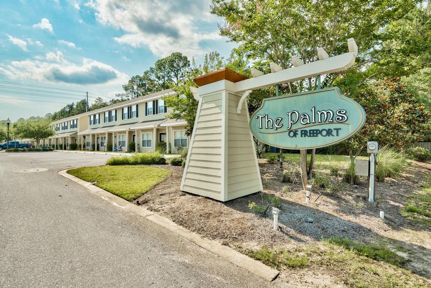 The Palms of Freeport represents a sanctuary for anyone wishing to escape the congestion of South Walton, yet reside just fifteen miles from the white sand beaches of Grayton Beach. The Palms of Freeport is a low density community of townhomes nestled between trees and lush foliage with great amenities including a park, pool, pool house, and more. The unit features granite counter tops, solid wood custom cabinets, stainless steel appliances, 18 inch tile, travertine counters in bathrooms, New Orleans style paver entry ways, upgraded lighting package, wooden decks on the back of each unit, wooden blinds, plenty of storage, large bedrooms, and a spacious floor plan. This unit has fresh paint and new carpet will be installed soon. GREAT RENTAL INVESTMENT!!