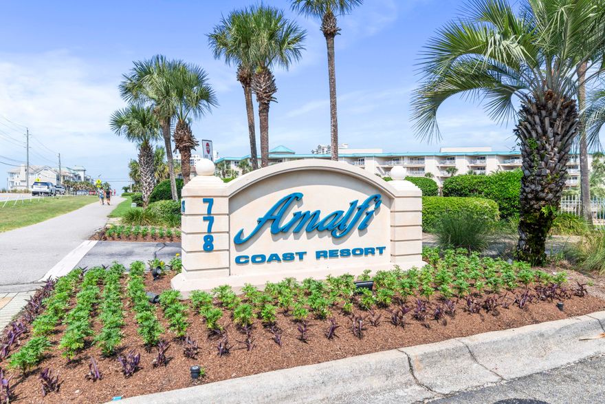 This rental machine boasts annual rental income of 70k+, prime access to over 380 feet of public beachfront, 8+ acres of beautifully landscaped grounds. This unit features two spacious bedrooms, two bathrooms, and hallway bunks. Enjoy gulf views from the primary bedroom and en-suite bath with a walk-in shower. The gated community offers summer security, two pools, a gym, a firepit, and a community room.Conveniently located near dining, shopping, golf, and entertainment, Amalfi Coast Resort combines luxury living with an unbeatable location.OPEN HOUSES - Please call/text the number at the callbox for gate code and instructions