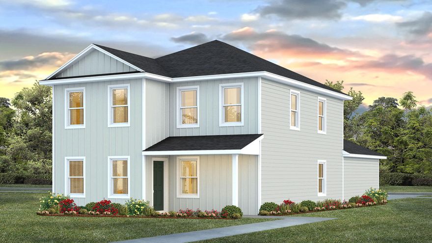 Welcome to the Inzer, a new home floor plan at Owls Head Farm East in Freeport Florida. Entering this home through the foyer you will find a powder bath just off the entry hall and an open and spacious great room. The main living area is the heart of this home and features an open concept kitchen which flows seamlessly into the dining and living areas. The kitchen comes equipped with stainless steel appliances including a smooth top stove, microwave and dishwasher. Beautiful white cabinetry and granite countertops are in the kitchen and bathrooms. Interior features of this home include EVP flooring throughout the common areas with carpet in each bedroom. The primary bedroom is located on the main level and features a spacious ensuite bathroom that has a large shower and walk in closet for all your wardrobe essentials. The dual sink vanity has lower cabinetry and drawers allowing for ample storage. As you leave the primary bedroom and continue to the stairs leading to the second level you will find a large laundry room that has space for a full-size washer and dryer. The second-floor features three additional bedrooms, all well-sized for family members or guests. A full bathroom with a tub/shower combo and a double sink vanity provides plenty of convenience for busy mornings. An open flex space on this level offers endless possibilities, whether you need a playroom, media room, or home office. For more information on this floor plan, call one of our D.R. Horton sales representatives today.