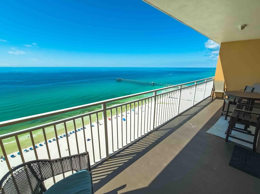 Welcome to Sunny Shore Oasis at Sterling Reef 1802B--an 18th-floor Gulf-front condo with sweeping views of turquoise waters and sugar-white sand. Enjoy brand-new luxury vinyl plank flooring (installed Sept 2025), a bright coastal design, and an open layout with balcony access from both the living room and Gulf-front primary suite. This fully furnished 2BR/2BA sleeps up to seven and is turnkey with excellent Airbnb reviews and 2025 bookings that convey. Sterling Reef offers resort-style pools, fitness center, grilling areas, and direct beach access near the County Pier and Pier Park.