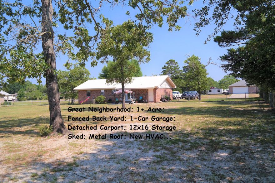 You'll want to act fast on this 2 BR, 1 bath brick home on apx. 1.1 acre! Priced to sell, this property, located in a great neighborhood just outside city limits, has attached 1 car garage; 20x20 detached carport, 12x16 metal storage shed (both on concrete slab; Over 3/4 acre fenced back yard. Metal roof installed apx. 5-6 years with, hurricane clips; New HVAC in August 2018; Septic last pumped in May 2019. Home is located apx. 3/4 mi. from Juniper Lake public park and boat launch for fishing. Also within 3 mi. to Lake Stanley Park for fishing, swimming and skiing. Schedule your showing today!