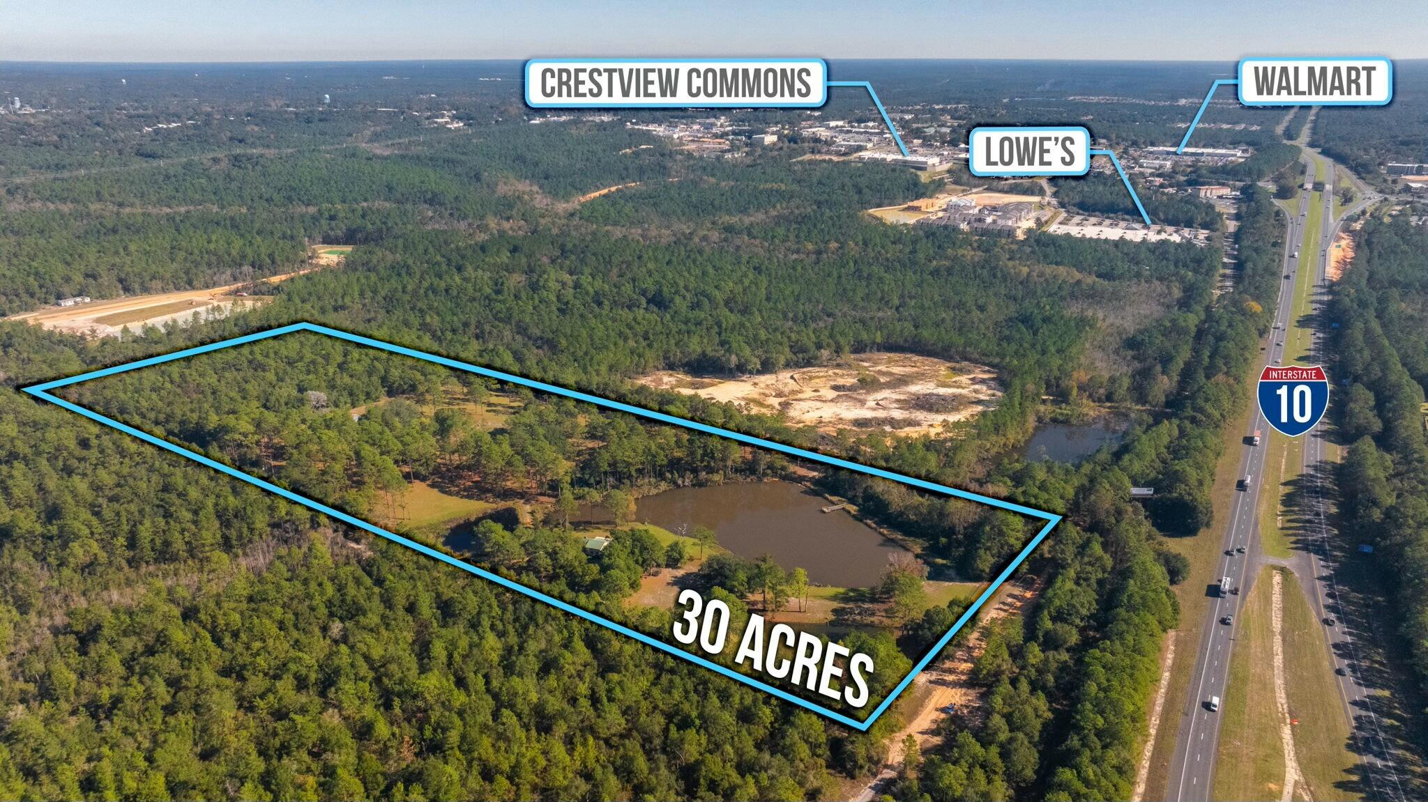 CURRENTLY MIXED USE ZONING AND FLU WITH 2.0 FAR + 25 UNITS / ACRE DENSITY..  Previous Feasibility Study reflects RV Park capable of 140+ sites.  This property has been annexed and accepted into the City of Crestview.  ZONING AND FLU ADJUDICATION WITHHELD - A NEW OWNER / BUYER MAY SELECT MIXED USE OR COMMERCIAL.  POTENTIAL FOR ON SITE DRAINAGE MGMT, OR FILL FOR HIGHER DENSITY.  Easy access from I-!0 and adjacent to Lowe's, new Texas Roadhouse, and new development.  Due north under construction is the new paved highway, ''Crestview Bypass'', which will greatly improve access.  Rasberry Rd directly adjacent to the south is said to be in stages of planning for improvement. Dense Retail Corridor, Strong National/Credit Tenant Presence, Across From Three Major Shopping Centers.