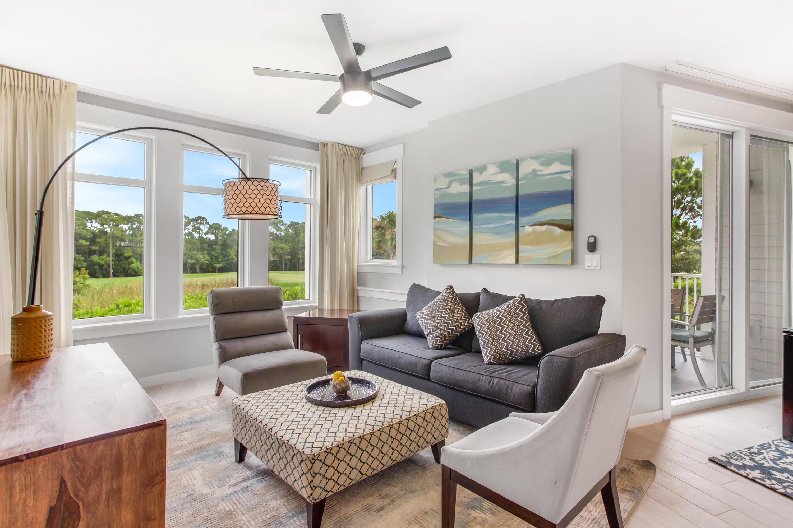 Natural light flows through this two bedroom lockout unit in Elation overlooking the 15th fairway of the Burnt Pine Golf Course. This resort condo features wood-look tile flooring, is fully furnished and a 2017 EZ-GO 6-seater golf cart. The lock-off floor plan allows maximum rental potential as a studio, 1 bed/1 bath, or a full 2 bed/2 bath condo. Amenities include a fitness center, swimming pool and the Solstice Club. Enjoy the location adjacent to the Village of Baytowne Wharf, a pedestrian marketplace that hosts a variety of dining and shopping venues as well as day & night activities for all ages.