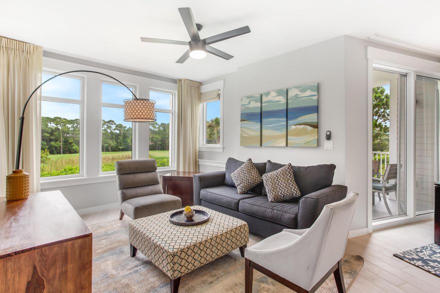 Natural light flows through this two bedroom lockout unit in Elation overlooking the 15th fairway of the Burnt Pine Golf Course.  This resort condo features wood-look tile flooring, is fully  furnished and a 2017 EZ-GO 6-seater golf cart.  The lock-off floor plan allows maximum rental potential as a studio, 1 bed/1 bath, or a full 2 bed/2 bath condo. Amenities include a fitness center, swimming pool and the Solstice Club. Enjoy the location adjacent to the Village of Baytowne Wharf, a pedestrian marketplace that hosts a variety of dining and shopping venues as well as day & night activities for all ages.