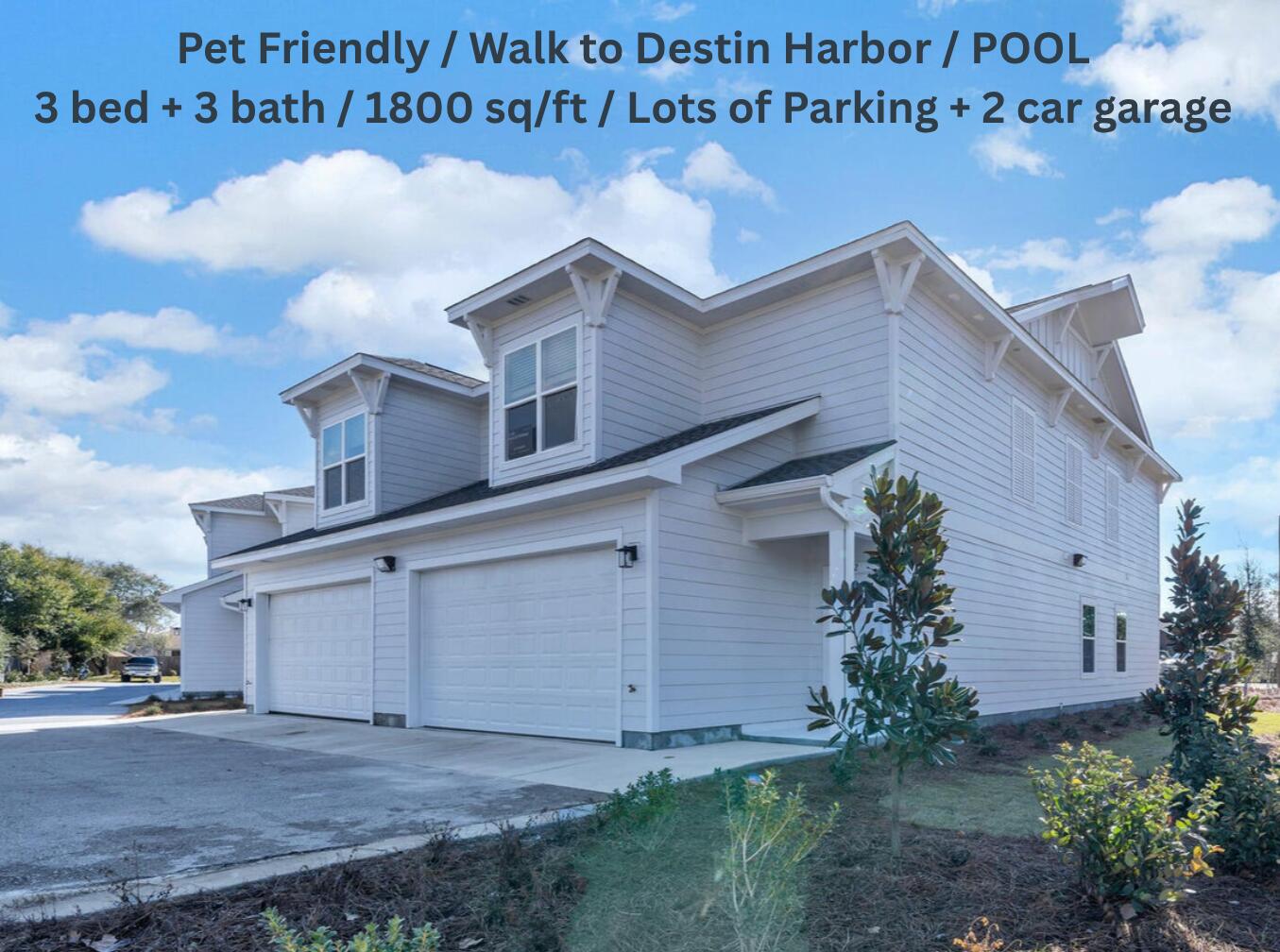 ***Available IMMEDIATELY*** This brand new 3 bedroom / 2.5 bath townhouse is located in the middle of Destin where you can walk to harbor! We will consider small pets, with extra deposit. The 2 car garage and dead end private road offers plenty of parking. Out back is a covered patio with an outdoor shower and lovely landscaping that the HOA takes care of!! The community pool is offset to the left - steps away, but far enough that you don't hear the pool noise! Only 12 units in the complex, close to Destin Elementary. We are looking for a 1 year lease. Call for a showing.