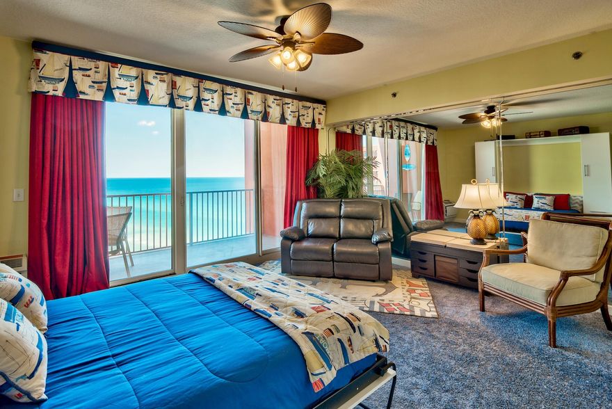 Absolutely Charming Gulf Front Studio! Features Include: Fully Applianced Kitchen with Granite Countertops, 9ft Ceilings, Flat Screen TV, Washer & Dryer. Large Terrace has Magnificent Views of the Gulf. Amenities Include: 18,000+ Sq ft Lagoon Pool with Tropical Landscaping, Bridges, Fountains and Recreational Features, Large Heated Indoor Pool, Two Tiki Bars, Fully Equipped Fitness Center, Indoor Spa, Sauna & Steam Room, Game Room, Conference Room, Gated Community, On-Site Rental Office. Easy Access to Restaurants, Entertainment, Pier Park, Shopping, Golf Courses, & Only 20 Minutes Away From the Airport!