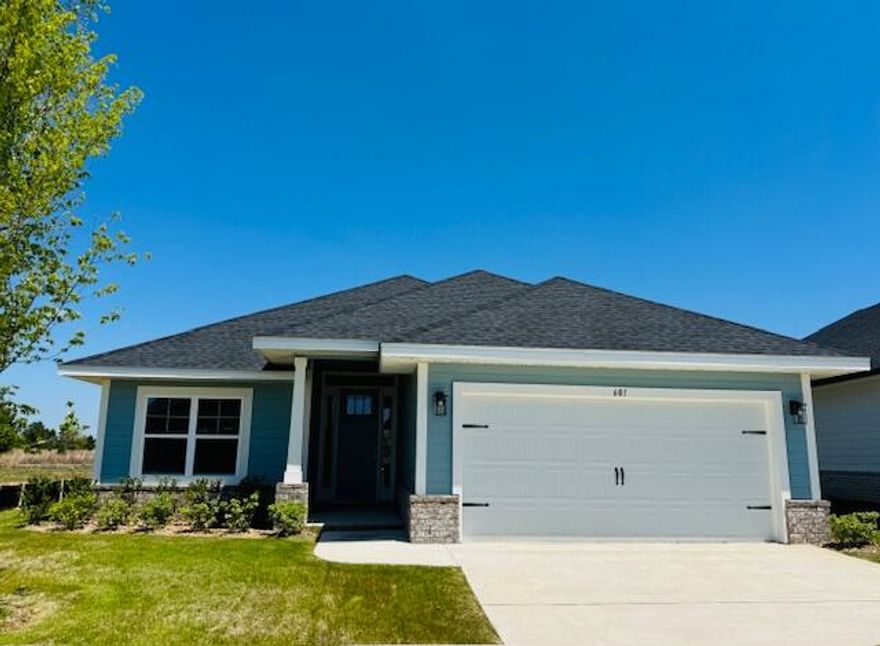 Limited time offer:   4.99% fixed rate financing (FHA/VA) + up to $10K flex money + builder pays most closing costs with a preferred lender.Just a 20 minute drive to South Walton beaches or a 15 minute drive North to DeFuniak shopping.  Popular Craftsman 4 BR/2 BA home with Hardiboard siding and brick skirt. LVP flooring throughout.  Cathedral ceiling in main living area, all ceiling heights are 9' or higher.  8' entry doors, quartz countertops.  Master Bedroom has a large walk-in closet. Master Bath has garden tub + separate shower, undermount sinks, dual vanities & Moen faucets. Sprinkler system with well and pump, fully sodded yard.  Garage door opener, attic pull-down stairs, bullnose corners on drywall in main living areas, wide baseboard trim.