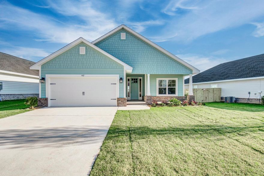 Builder pays most closing costs when a preferred lender is used.  In addition, this home is eligible for 4.99% fixed rate FHA or VA loan, + up to $10k in flex money to use for buyer's choice of builder options, prepaids or remaining closing costs. THE BLUFFS is a new Freeport subdivision located just a 20 minute drive to South Walton beaches!  Craftsman style, full brick, 4 BR/2 BA home with Hardiboard siding and.  The interior features a cathedral ceiling in the main living area, 9' ceilings on other rooms and a 10' trey ceilings in the Master Bedroom.  8' entry doors, quartz countertops and durable CoreTec Pro Plus luxury vinyl plank flooring throughout.   Covered patio out back!