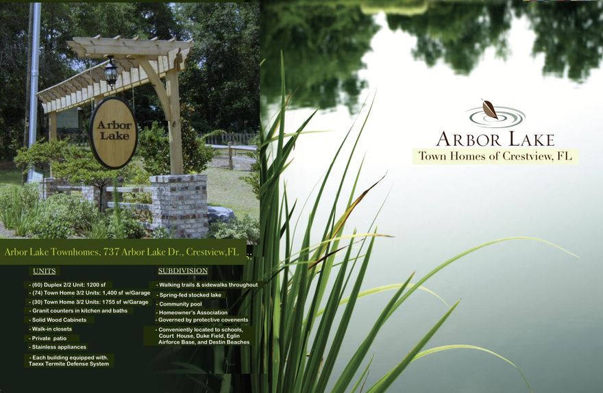 Arbor Lake Townhomes in Crestview, FL, is a 12.84-acre Subdivision being offered FOR SALE in Two (2) Phase;  PHASE I includes thirty-six (36) publicly recorded pad sites on 3.31 acres of 'improved' property, including all horizontal improvements: underground infrastructure, road, curbing, street lighting, HOA pool & pool house, and entrance sign completed in 2012. Each recorded pad site comes shovel-ready to receive vertical improvements for thirty-six (36) 1,250 square foot, two-bedroom, two-and-a-half bathroom townhome units. PHASE II offers 91 (formerly entitled) units of townhome density with single-car garages planned on 9.53 majestic acres, offering panoramic views of Arbor Lake from a multi-tiered topography reminiscent of the hill country of North Georgia.  (cont. below)