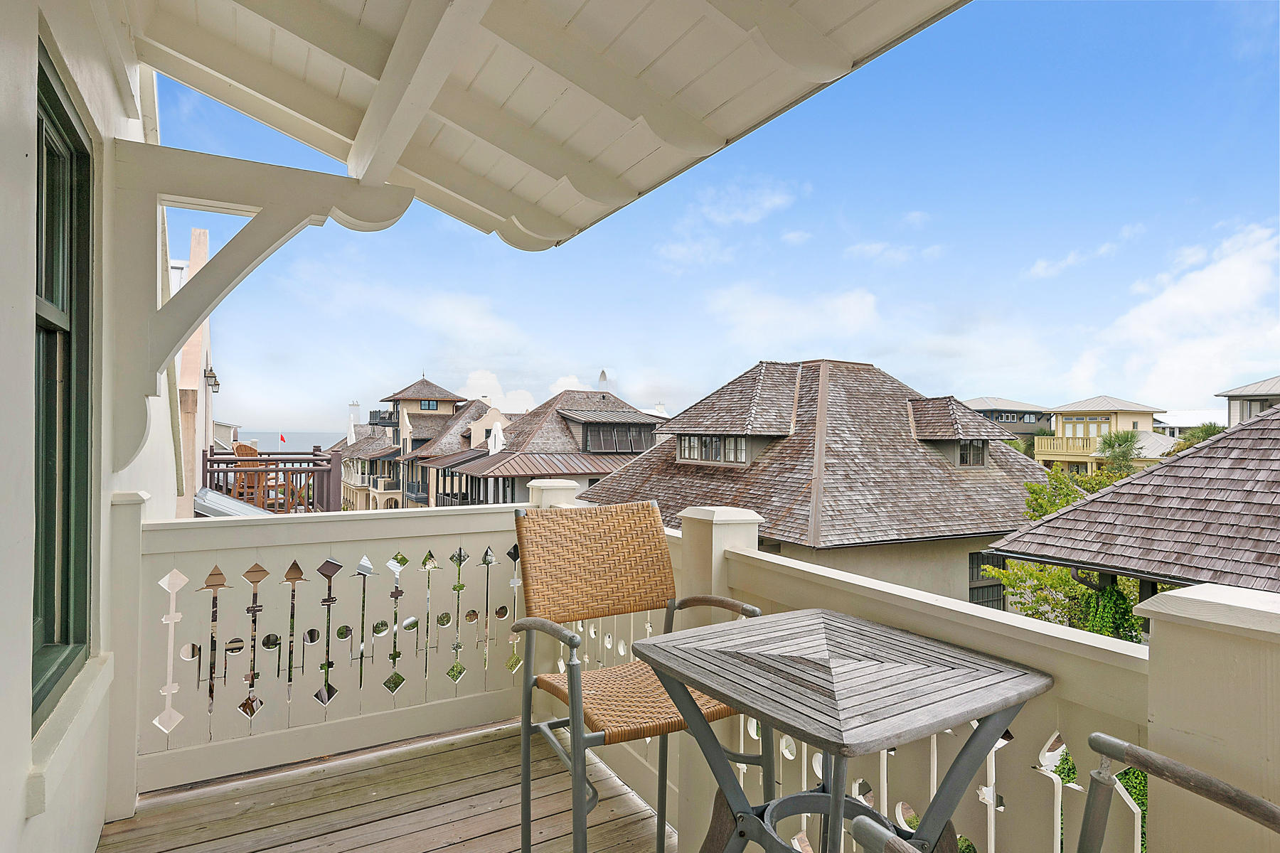 Gulf views from Balconies and a Party Room on Level 3 make this Rosemary Beach home a fabulous, fun place to make memories! Excellent location as well with only 1 block to the Town Center and a short 2 block walk from the Beach. To take advantage of the Gulf view from the balcony, the Living/Dining/Kitchen area are on Level 2. This level also host the Master Bedroom with en suite bath, a large laundry room and half bath. Level 1 has 2 Guest Bedrooms with en suite baths and generous entry hall. Level 3 is the spacious Party room with bar area and a bunk room and full bath. The Town of Rosemary Beach features 4 neighborhood pools, 1 is an indoor pool, and parks, meandering boardwalks throughout the Town, Restaurants & shops and a half mile of sugar white sandy Beach.