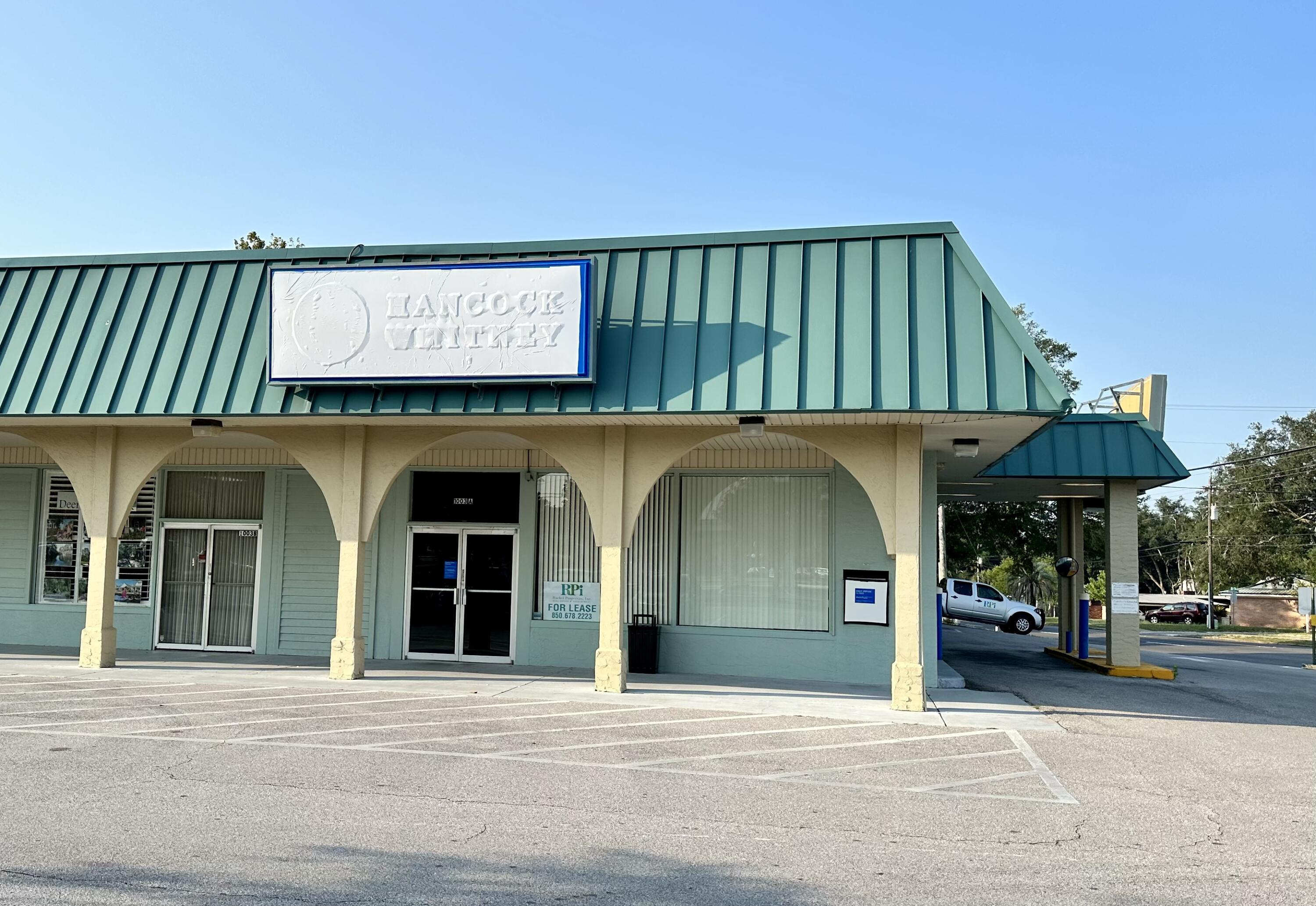 Commercial space available for lease in Palm Plaza shopping center, Niceville: 2216 SF end cap with drive-through, spacious lobby, 3 private offices, storage/data room, break room, and 2 ADA restrooms. Move-in ready for bank or office; could be renovated for pharmacy, restaurant, or retail use. Some furniture to convey, if needed.