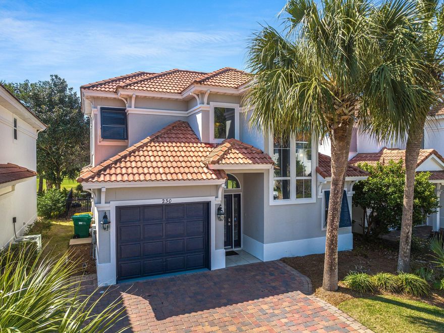 Very well cared for Mediterranean style home in a true private community of Calusa Bay subdivision right off of Hwy 98. The home is on the 5th fairway of Regatta Bay Golf Course which you will enjoy from the backyard. The home features a renovated kitchen, community pool and a low HOA. The open concept kitchen offers granite counter tops, stainless steel kitchen appliances, large walk-in pantry, crown molding and trey ceiling. Second floor balcony overlooks the Regatta Bay Golf Course community. The best proximity to beaches by a golf cart, shopping, golf, and food and entertainment in Destin! HVAC - 2015, water heater - 2017, tile/slate roof - 2000 (life span well over 75 years; minor updates in 2022)