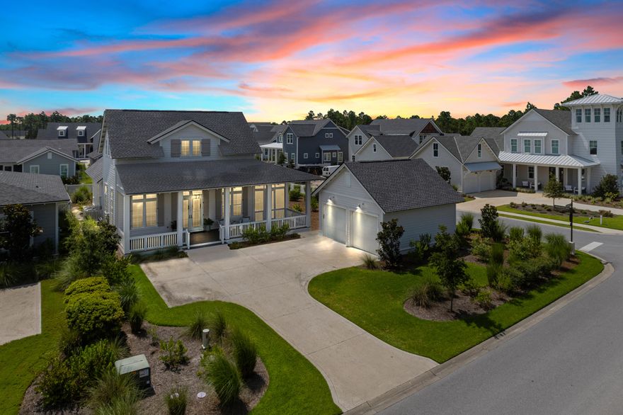 This 2020 immaculate Romair home is situated on one of the best streets in Origins.  It also has a very large corner lot with stunning pond views. With ample outdoor living space and wraparound porches that allow you anticipate how much privacy and living space you can begin to enjoy.The lot size allows for the addition of a pool and cabana.Three bedrooms and a 4 bed bunk room with an ensuite master on the main floor create enough room for family and friends.Shiplap mixed with natural light streaming throughout is a Romair trademark that is timeless.Completed in 2020 with 10-ft. ceilings and hardwood floors throughout and a high end kitchen with a oversized island makes for a perfect family and entertaining area.