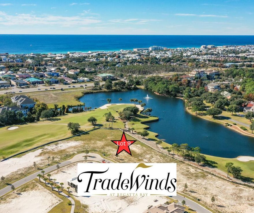 Build your dream home (on lot 9) in one of Destin's most desirable gated golf communities, Regatta Bay! The homesite is in Regatta's newest development, Tradewinds. Tradewinds will consist of 54 homes & will have a West Indies style of architecture w/ Dutch influence. Owner has the opportunity to choose an approved Architect & an approved Builder. Regatta Bay is a quiet, gated, golf & boating community that offers a LIFESTYLE unlike no other! The Regatta Bay Lifestyle is all about convenience! You can use your golf cart to get to so many fun places in minutes, including the Beach! See aerial photos! Within Regatta Bay, there is golf, swimming, tennis, pickle ball, park, playground, Regatta Bay Clubhouse, Legendary Marine & Legendary Yacht Club. Regatta Bay offers a private road that takes residents to the Destin Commons, where you'll find an array of popular men's and women's retail stores, a variety of restaurants, Whole Foods, Bass Pro, Lowes, AMC movie theater and Uncle Buck's Bowling! ALL ACCESSIBLE BY GOLF CART.