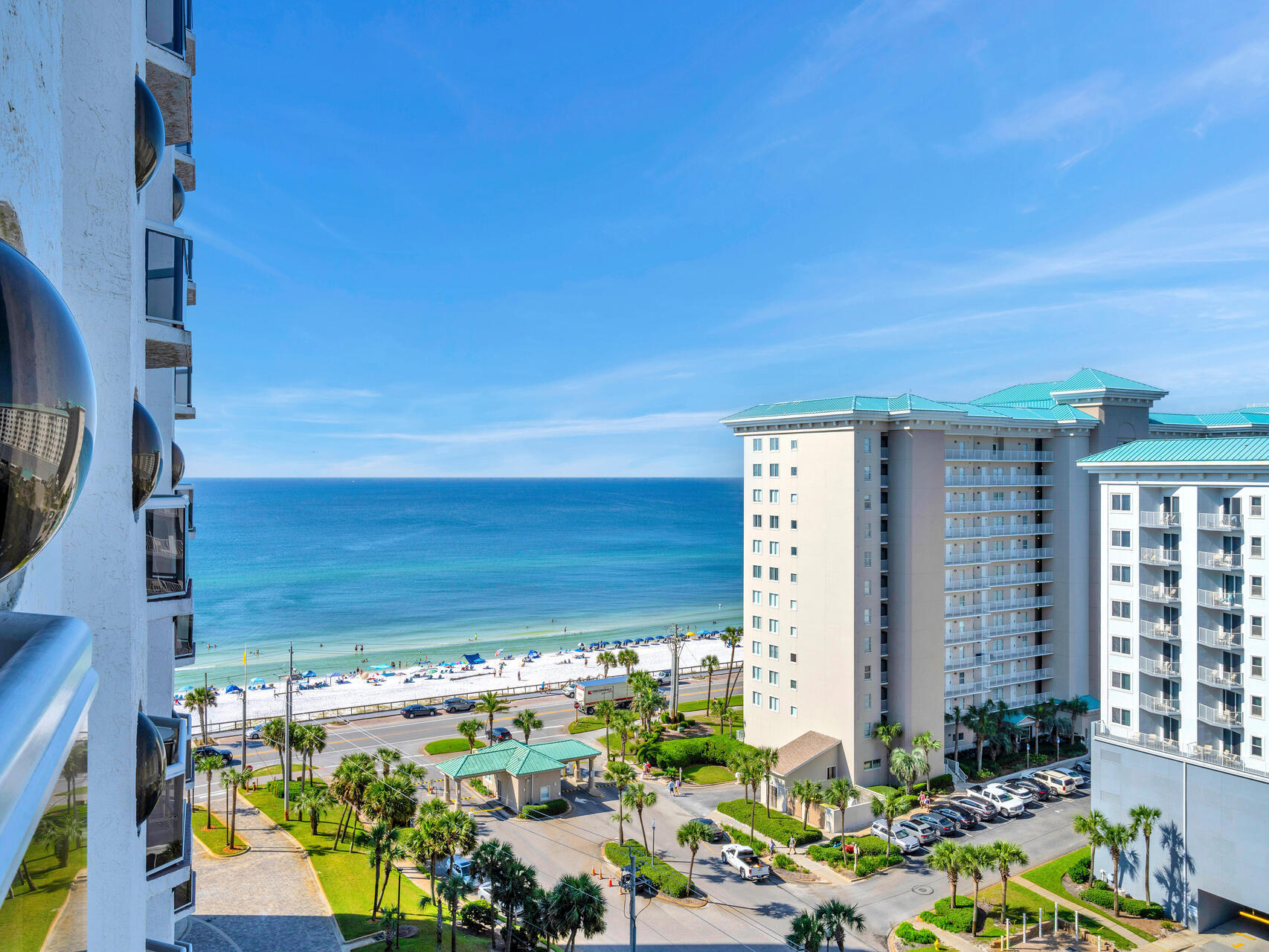 Gulf AND Bay views from this stunning 10th floor corner unit with wrap around balcony and floor to ceiling sliding glass doors. This renovated and meticulously maintained 3-bedroom, 3-bath condo is being sold fully furnished. The kitchen and baths are beautifully updated with white cabinets, granite countertops and modern tile. Open concept layout with remote controlled shades in the living/dining room. No carpet here..ceramic tile floors throughout. Beautiful interior coastal furnishings and each balcony has quality poly-wood outdoor furnishings. The lockout layout allows it to be rented as a 2 bedroom and a 1 bedroom each with balconies and views of the gulf and/or bay. 2024 grossed $73,987 and 2025 has grossed $54,949 to date.
This complex is a true Resort, loaded with amenities such as a restaurant, covered parking, fitness center, spa/hair/nail salon, exercise room, heated pool, kiddie pool, hot tubs and saunas. Basketball courts, tennis courts and pickleball courts. Deeded beach access with tiki bar at the pool. And beach bonfires on Friday nights! Take the skywalk to the beach or the many restaurants along scenic highway. Shopping minutes away! HVAC in unit 1012A new in 2023. HVAC in unit 1012 new in 2019. Building is on boiler system so no hot water tanks in units.