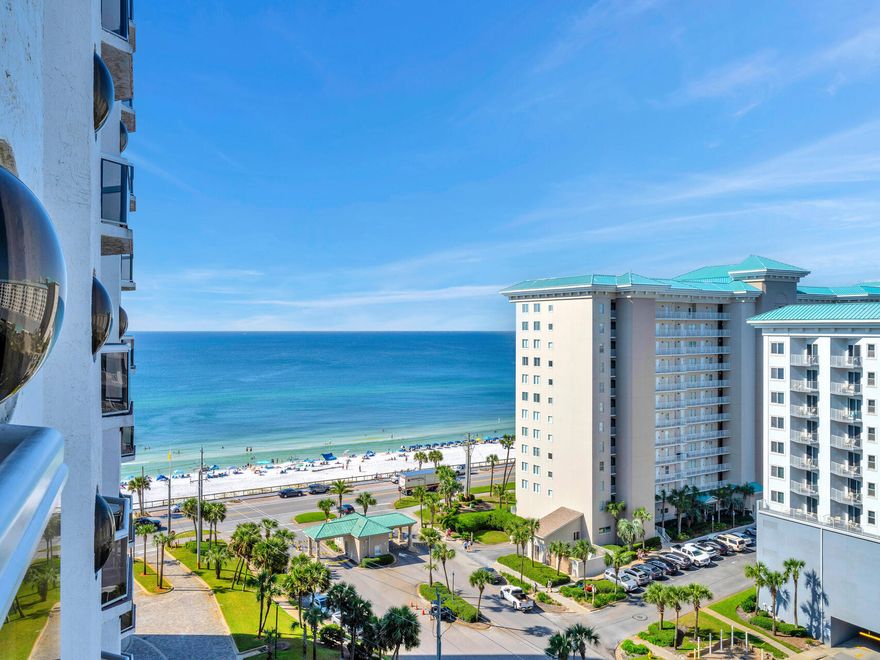 Rentals on the books for all of June 2026 and several other weeks of 2026!  Gulf AND Bay views from this stunning 10th floor corner unit with wrap around balcony and floor to ceiling sliding glass doors. This renovated and meticulously maintained 3-bedroom, 3-bath condo is being sold fully furnished. The kitchen and baths are beautifully updated with white cabinets, granite countertops and modern tile. Open concept layout with remote controlled shades in the living/dining room. No carpet here..ceramic tile floors throughout. Beautiful interior coastal furnishings and each balcony has quality poly-wood outdoor furnishings. The lockout layout allows it to be rented as a 2 bedroom and a 1 bedroom each with balconies and views of the gulf and/or bay. 2024 grossed $73,987 and 2025 has grossed $54,949 to date.
This complex is a true Resort, loaded with amenities such as a restaurant, covered parking, fitness center, spa/hair/nail salon, exercise room, heated pool, kiddie pool, hot tubs and saunas. Basketball courts, tennis courts and pickleball courts. Deeded beach access with tiki bar at the pool. And beach bonfires on Friday nights! Take the skywalk to the beach or the many restaurants along scenic highway. Shopping minutes away! HVAC in unit 1012A new in 2023. HVAC in unit 1012 new in 2019. Building is on boiler system so no hot water tanks in units.