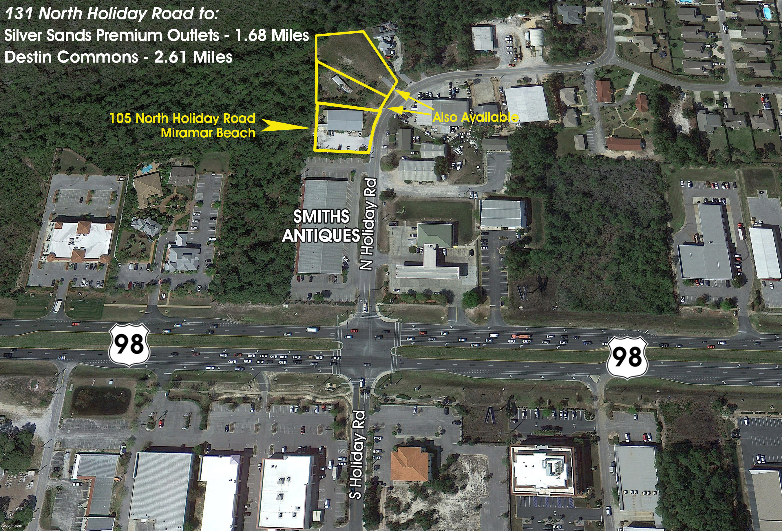 **PRICE REDUCED**Excellent site for either retailing or service sector warehousing, flex space, and office. Current use is retailing of antiques, a synergistic use with Smith Antiques located adjacent to the two contiguous subject parcels measuring just over 1/2 acre, containing 150' of road frontage and 150' in depth. The two-story building offers nearly unobstructed clear-space area for a multitude of space planning options depending upon your intended use. An Otis elevator services the second floor, as well as a wide internal staircase. This site is strategically located in the retailing hub of the Emerald Coast, between Destin Commons shopping center and Silver Sands Outlet Mall. Please inquire for further details.