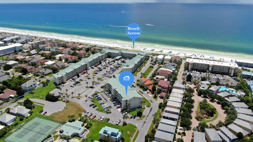 INCOME PRODUCING $38,639 (2022)..SLEEPS 6 - 1 Bedroom+Hall Bunks+Sleeper Sofa...this unit is conviently located on the 1st floor for EASY BEACH ACCESS w/ Private Patio & extended grassy area for the KIDS & PETS to play. No elevators to mess with! This is a great little INVESTMENT and has a SOLID RENTAL HISTORY! Enjoy local favorite Pompano Joe's BEACHSIDE RESTAURANT nearby. This 33 acre GATED RESORT community features four condo buildings of 189 units from 1-3 bedrooms, 70 single family homes, 500 feet of PRIVATE DEEDED BEACH ACCESS, and gated entrances from both Emerald Coast Parkway and Scenic Gulf Drive. Amenities include 2 pools, 1 heated seasonally and one gulf view, hot tub, 2 tennis/pickleball courts, basketball goal, shuffleboard, fitness room & clubhouse. Buyer to verify all data.