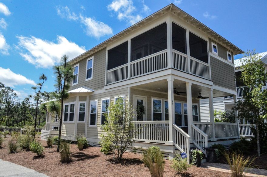 Windsong Plan located in desirable Naturewalk at Seagrove. This resale home located on a large corner lot and across from the amenities features 4 bedrooms to include 2 Master Suites, one on each level with large private baths. Light pours into the home because of the corner lot location and abundance of windows. The popular open floor plan is great for entertaining family and friends with a unique custom bar located off the living/dining/kitchen area featuring a built-in beverage center and ice machine. Other features include dark pine wood flooring, granite counters in kitchen and all baths, upgraded cabinetry, GE Cafe Appliances, 10 ft.ceilings on main, 9 ft. ceilings on second, spacious front porch and upper screened porch off master. The home also features a cart barn garage. 3rd and 4th bedrooms are located on second level, sharing a hall bath. The 4th bedroom, although small may be used as a bunkroom/office/nursery and includes a closet. The home features numerous closets providing adequate storage for full time living. The open loft, currently being used as an office space, could be used as an additional living space. The home is across the street from the neighborhood pool and one home away from the Lily Ln Beach Trail which leads to San Juan Blvd Beach Access and 30A. This community has a prime location near 30A in addition to beautiful amenities to include heated lap pool, hot tub, zero entry pool, firepit, grills, covered eating pavilion, and playground. Newly added amenities will include more trails throughout, Energi fitness stations, multi-purpose court, and pickelball court. NatureWalk  has a seasonal shuttle running to and from the beach. 

Initiation fee of $420 plus annual Community Development District fee of $585.  