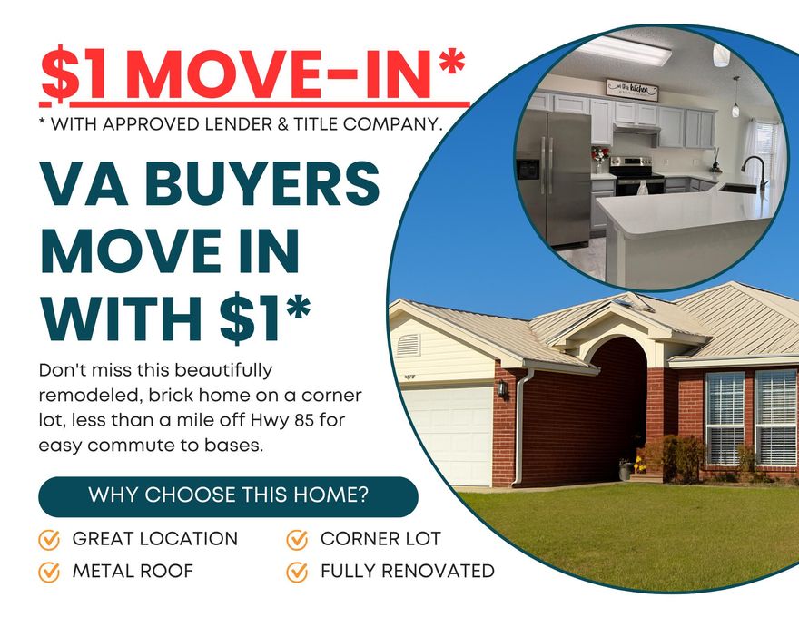 $1 VA MOVE-IN with approved lender & title co.! Don't miss this beautifully remodeled, freshly painted, brick home on a corner lot, less than a mile off Hwy 85 for easy commute to bases. The covered front entry welcomes you into this light & bright, open, split bedroom floorplan, LVP flooring & quartz countertops throughout. The master bath packs in so many features from a dual vanity, separate shower & garden tub to a water closet & the walk-in closet is huge. Dining area has a sliding glass door leading to the covered back porch & I can picture the new owner sipping coffee or grilling steaks while watching the kids or dogs play in the privacy-fenced back yard! Metal roof, 2014 & HVAC replaced in 2021. *$10K Seller CREDIT!* Call today to schedule your showing