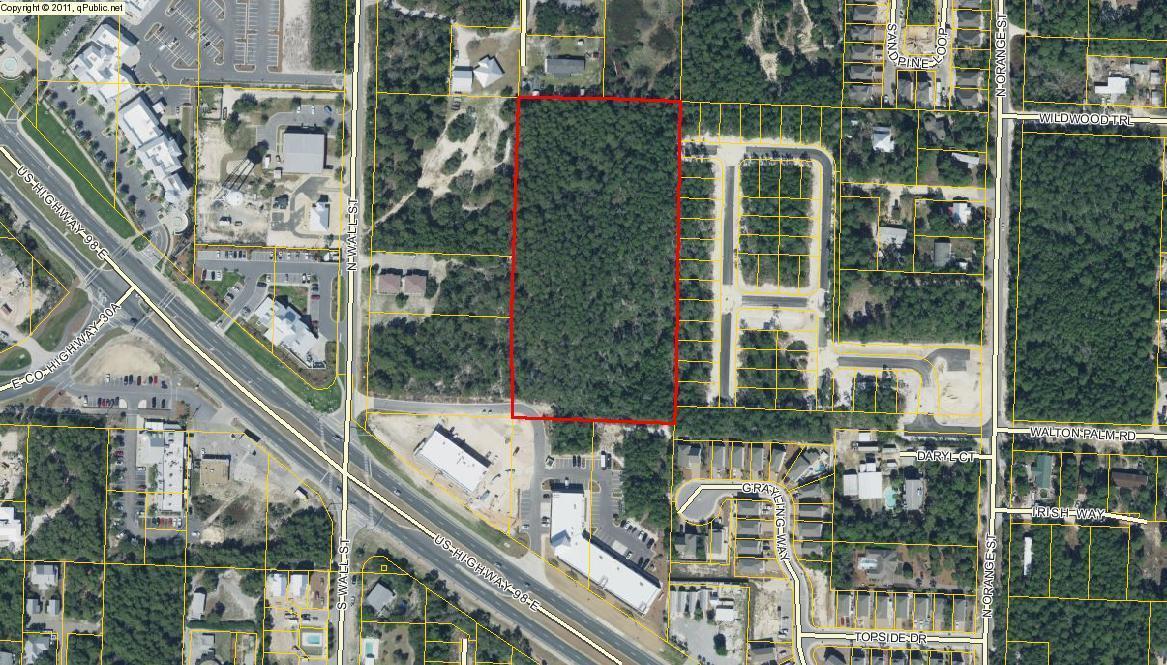 Get in now on the quickly developing Inlet Beach boom at the ''Gateway of 30A''!This 5 acres is behind Crossings retail center. County will change to VILLAGE MIXED USE this year, already passed by county. ENVIRONMENTAL STUDY AVAILABLE, The access via North Walton Palm Rd. is across the st. from new 16 acre 30Avenue complex containing restaurants,shops,offices and a new charter school.This will soon be a walking community like Rosemary Beach next door! Some units would have gulf views from 3rd & 4th stories.20 minutes to airport. Wooded,high & dry.Property is within walking distance of future Hwy. 98 underpass tunnel leading to a 19 acre gulf front public park,the largest beach access in South Walton.