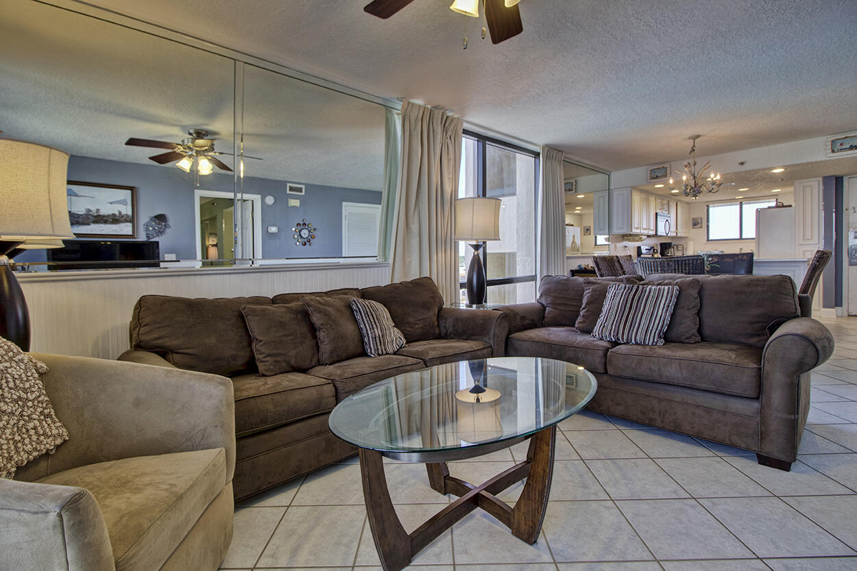 END UNIT - 2 BR/ 2 BA condo (sleeps 7). located on the 8th floor with a private balcony. This unit is in the perfect location at Sundestin situated not too high, and not too low. Get swept away by the breathtaking views of the emerald-green waters, the coastline and the city life of downtown Destin. NEW Whirlpool appliances - dishwasher, stove and fridge being installed Nov. 5. Sold fully-furnished and decorated in a fresh coastal decor. The kitchen is well-equipped. The master king bedroom has sliding glass doors opening out to the private balcony with seating for 4. Bedroom # 2 has a twin and a full size bed. There is a queen sofa bed in the living room. All rooms have flat screen TV's with DVD players.