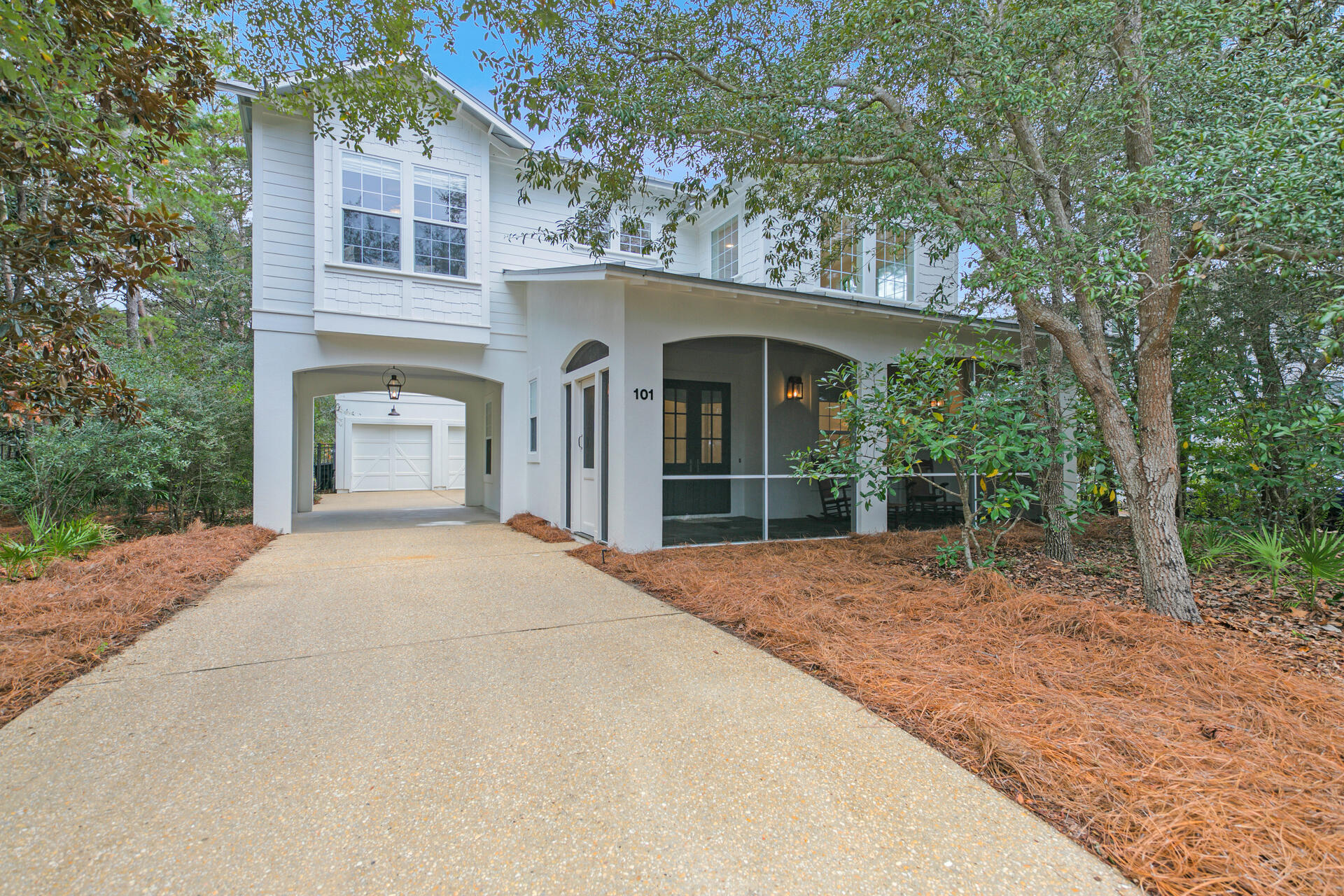 Enjoy the serenity of lake life, within the secluded gated community of The Landing at Camp Creek. Located on 30A's east end, directly across from Watersound Beach and just 2.3 miles west of Alys Beach. Seize the 'CHANCE' to enjoy picturesque vistas daily from this rare, coastal dune lake community on Camp Creek Lake! This secret gem of a community, with only 16 home sites, embraces the quiet ambiance of the coastal & natural surroundings. Camp Creek Lake Access and the community dock provide ease of access and the perfect place to paddle or kayak over to the Gulf of Mexico. This single owner home has been meticulously maintained. The first floor consist of the main living area, kitchen with gathering room, dining room, powder bathroom, screened-in porches as well as access to the attached garage. This home has many options for creating a fourth bedroom, as well as the possibility of a pool!
The kitchen is equipped with stainless steel appliances, granite countertops, and custom cabinets. Features of the home include 10ft ceilings throughout with 20 ft ceilings in the open living area, and tile floors in the kitchen and bath areas. All three bedrooms are on the second level and all bedrooms have their own bathroom. Upstairs you will also find the laundry room conveniently located. The attached 2 car garage is perfectly placed beyond the porte coch??re creating a courtyard atmosphere. Storage is plentiful with this double garage equipped with cabinets and granite countertops.