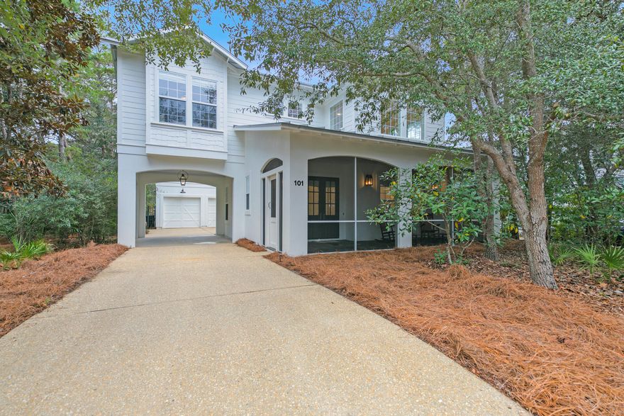 Enjoy the serenity of lake life, within the secluded gated community of The Landing at Camp Creek. Located on 30A's east end, directly across from Watersound Beach and just 2.3 miles west of Alys Beach. Seize the 'CHANCE' to enjoy picturesque vistas daily from this rare, coastal dune lake community on Camp Creek Lake! This secret gem of a community, with only 16 home sites, embraces the quiet ambiance of the coastal & natural surroundings. Camp Creek Lake Access and the community dock provide ease of access and the perfect place to paddle or kayak over to the Gulf of Mexico. This single owner home has been meticulously maintained. The first floor consist of the main living area, kitchen with gathering room, dining room, powder bathroom, screened-in porches as well as access to the attached garage. This home has many options for creating a fourth bedroom, as well as the possibility of a pool!
The kitchen is equipped with stainless steel appliances, granite countertops, and custom cabinets. Features of the home include 10ft ceilings throughout with 20 ft ceilings in the open living area, and tile floors in the kitchen and bath areas. All three bedrooms are on the second level and all bedrooms have their own bathroom. Upstairs you will also find the laundry room conveniently located. The attached 2 car garage is perfectly placed beyond the porte coch??re creating a courtyard atmosphere. Storage is plentiful with this double garage equipped with cabinets and granite countertops.