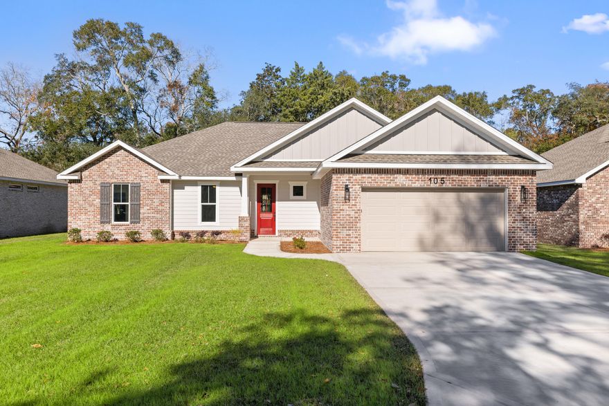 Just 4 miles from the Mid-Bay Bridge ramp on Hwy 20, this stunning brand-new 2025 home welcomes you with a thoughtfully designed floor plan and the charm of an all-new craftsman-style community tucked away on a peaceful dead-end street. A truly idyllic setting for anyone seeking comfort, beauty, and a sense of place.Step into the luxurious primary suite, where generous space meets spa-like elegance. The master bath features a zero entry shower with dual shower heads, double vanities, a private toilet room, and an expansive walk-in closet--an inviting retreat at the end of each day.The kitchen is a showpiece, rich with custom cabinetry, soft under-cabinet lighting, gleaming high-end quartz countertops, a convenient built-in trash drawer, and thoughtful details throughout. A remarkably spacious laundry room offers room for a second refrigerator or freezer, as well as a separate walk-in pantry to keep everything organized and within reach.

The inviting living room, complete with an in-floor electrical outlet for effortless furniture placement, with views of the covered back porch and peaceful backyard with abundant mature trees perfect for morning coffee or evening unwinding. A dedicated dining area and a generous kitchen island provide plenty of space for gathering, conversation, and shared meals.

The additional bedrooms are impressively sized. Two offer walk-in closets, while the middle bedroom features charming built-in shelving and a deskideal for work, study, or creative pursuits. The second bath is beautifully appointed with abundant vanity space, ample drawers, and a linen closet.

This exceptional floor plan sits within a brand-new neighborhood where surrounding homes are valued above $550K, lending a sense of prestige and pride. And every day, your drive home along the serene Choctaw Bay sets the tone for tranquility. Just one block from the bay, a community boat dock, and a scenic Bayfront park, this home offers the perfect blend of modern luxury and coastal peace.